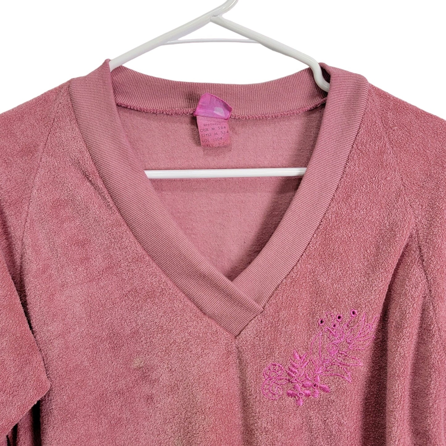 Vintage 70s Terrycloth Sweater Women Large Pink Embroidered
