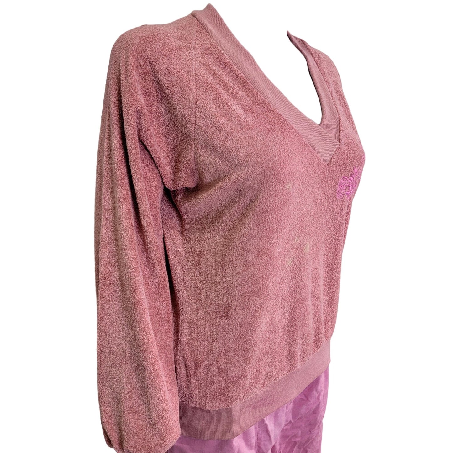 Vintage 70s Terrycloth Sweater Women Large Pink Embroidered