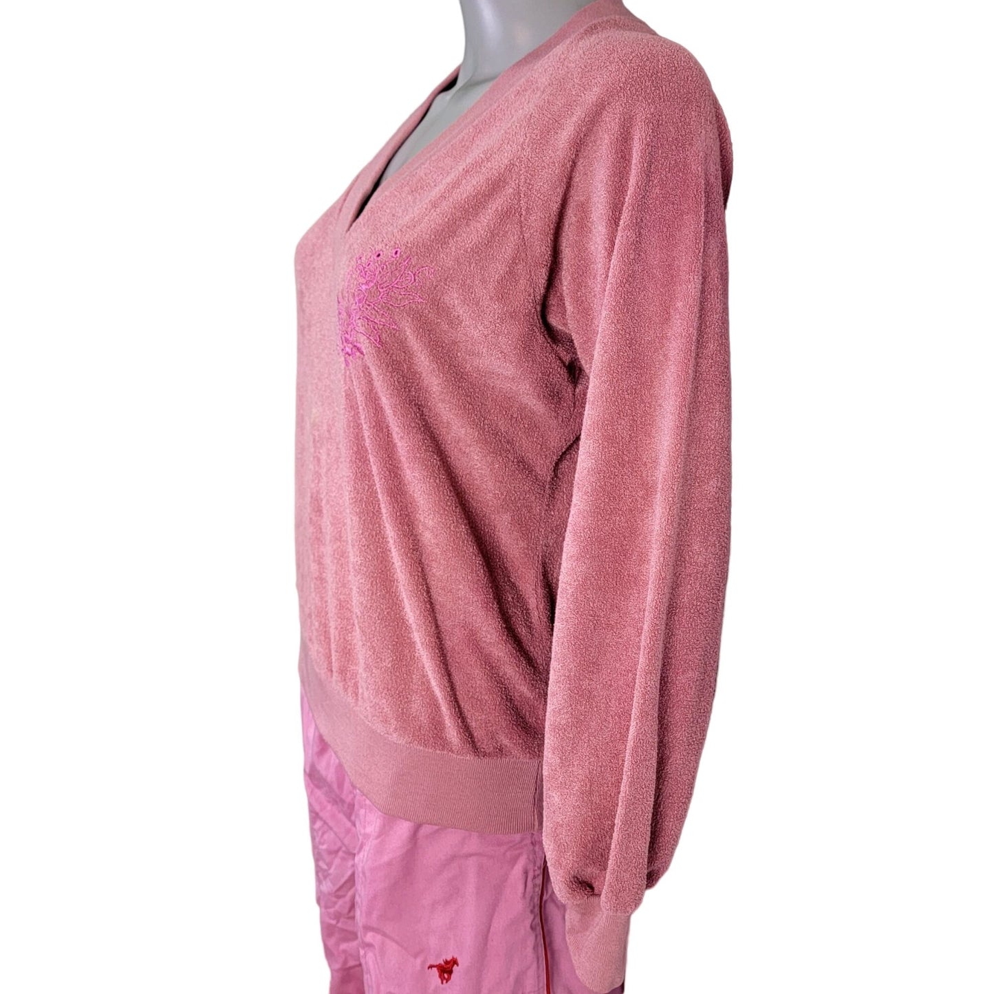 Vintage 70s Terrycloth Sweater Women Large Pink Embroidered