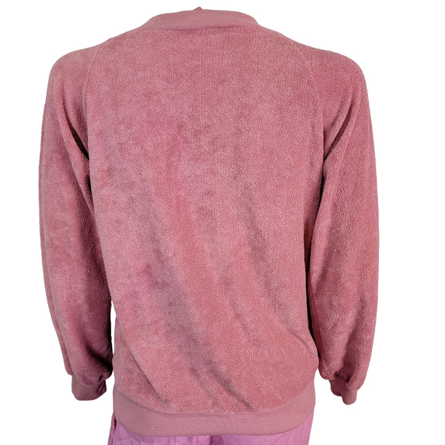 Vintage 70s Terrycloth Sweater Women Large Pink Embroidered