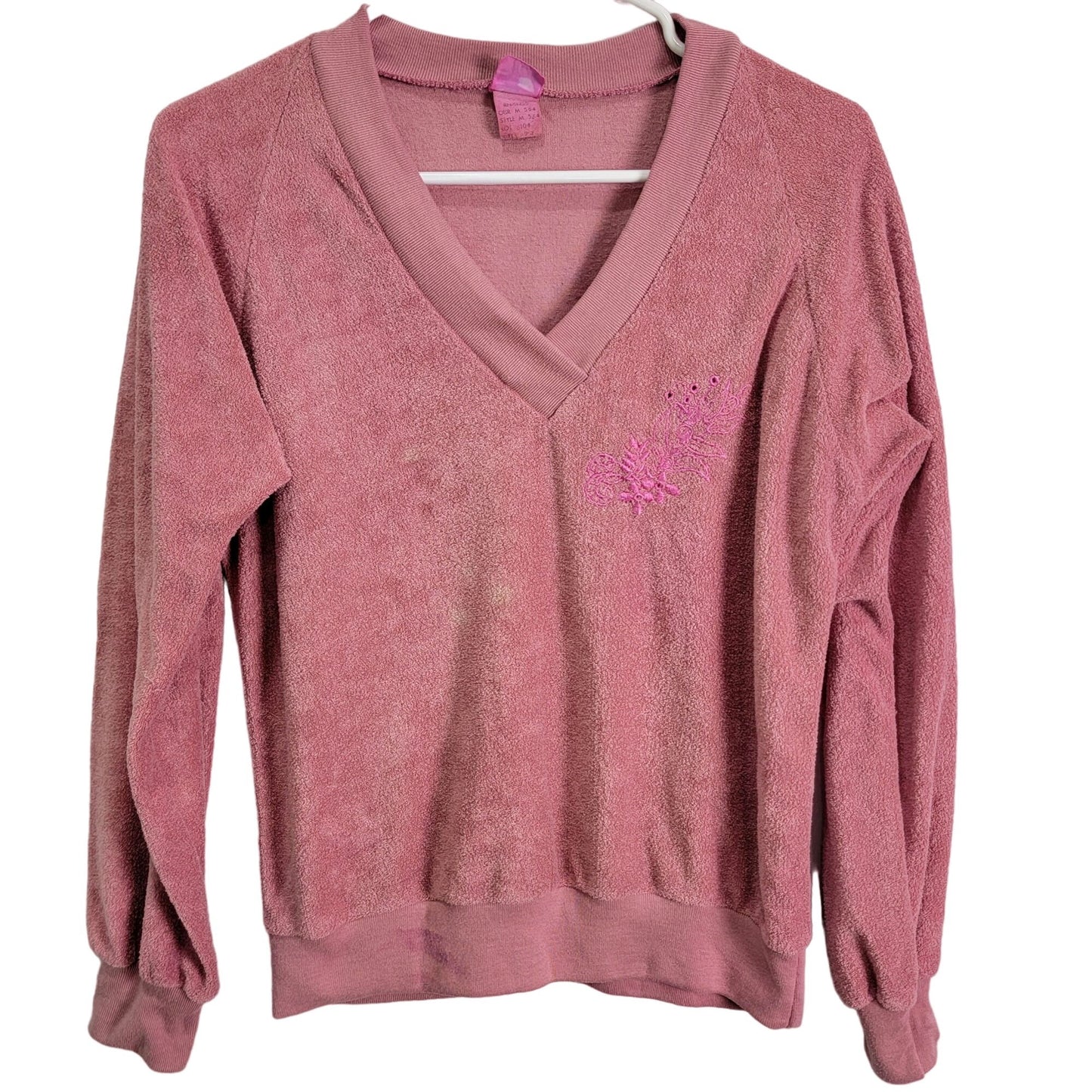 Vintage 70s Terrycloth Sweater Women Large Pink Embroidered