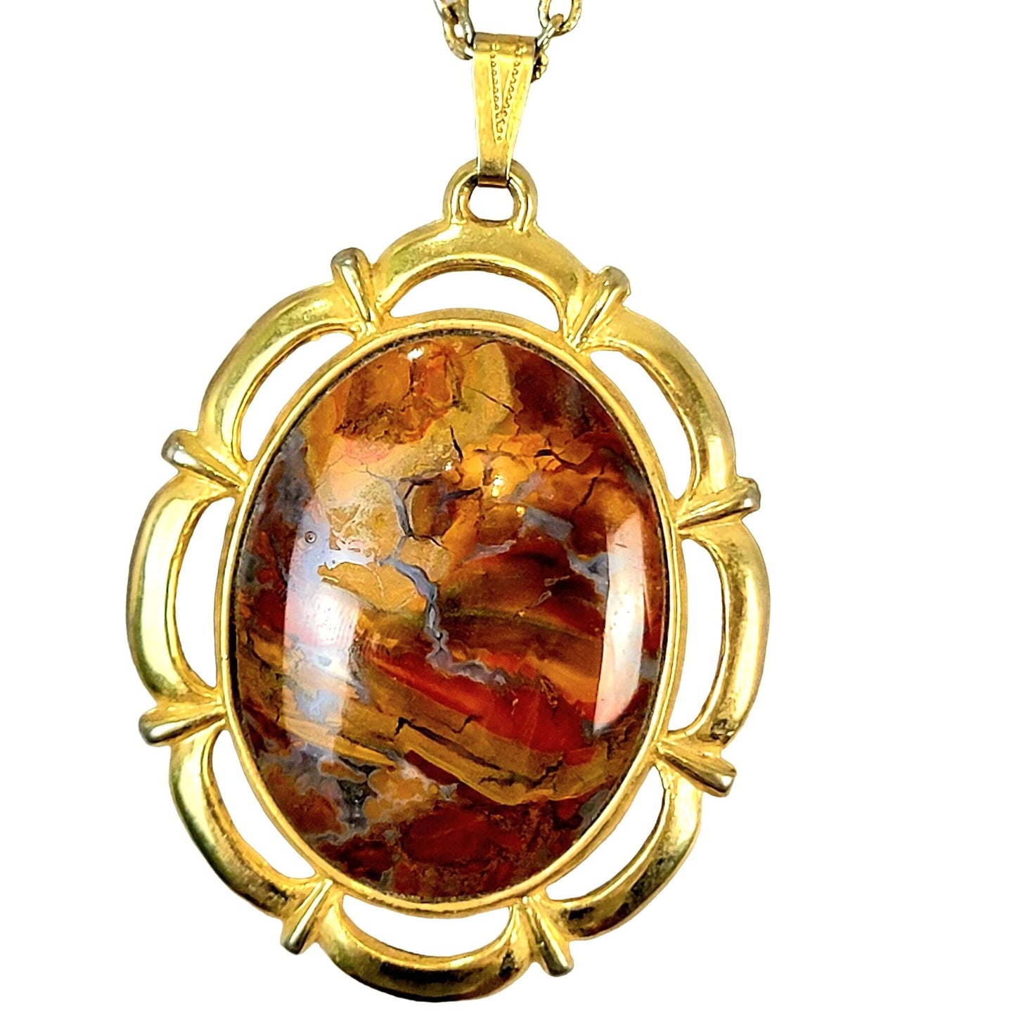 Red Jasper Pendant Necklace Gold Tone Chain Women Jewelry Stone Cabochon Vintage