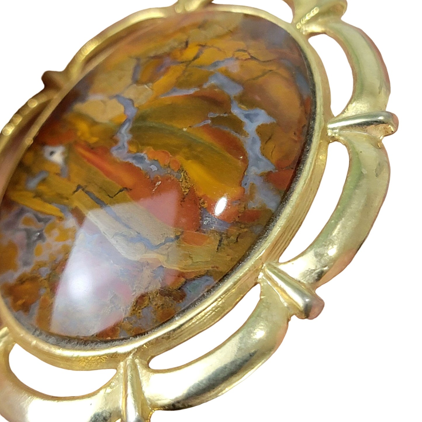 Red Jasper Pendant Necklace Gold Tone Chain Women Jewelry Stone Cabochon Vintage