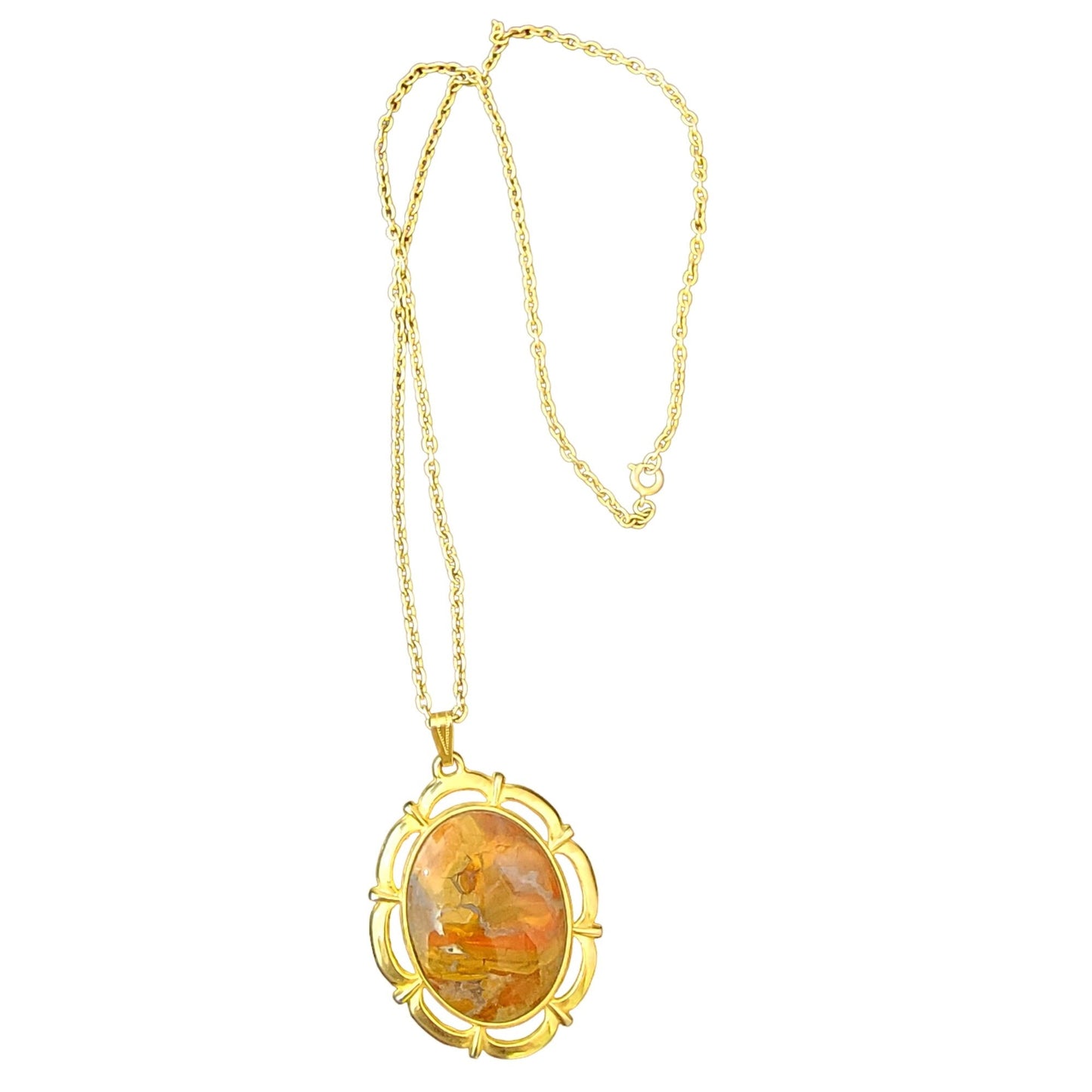 Red Jasper Pendant Necklace Gold Tone Chain Women Jewelry Stone Cabochon Vintage