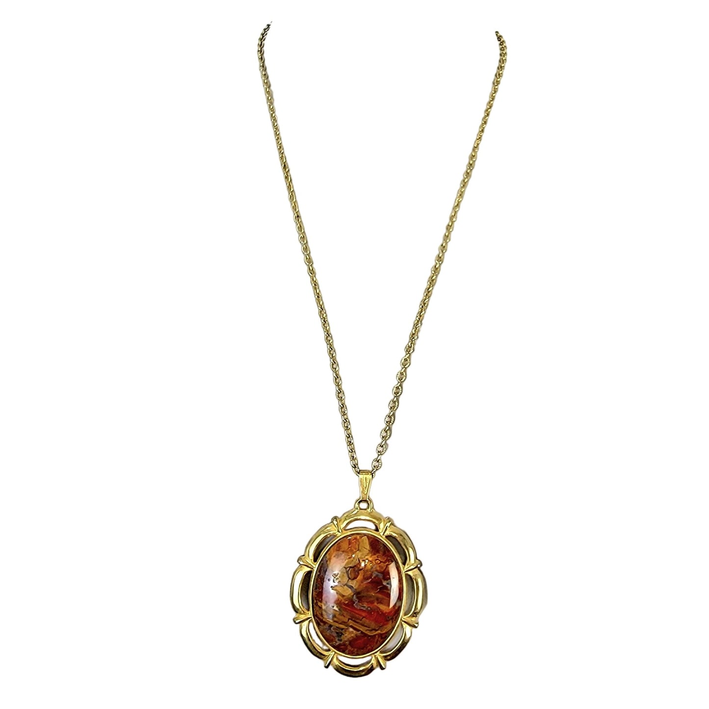 Red Jasper Pendant Necklace Gold Tone Chain Women Jewelry Stone Cabochon Vintage