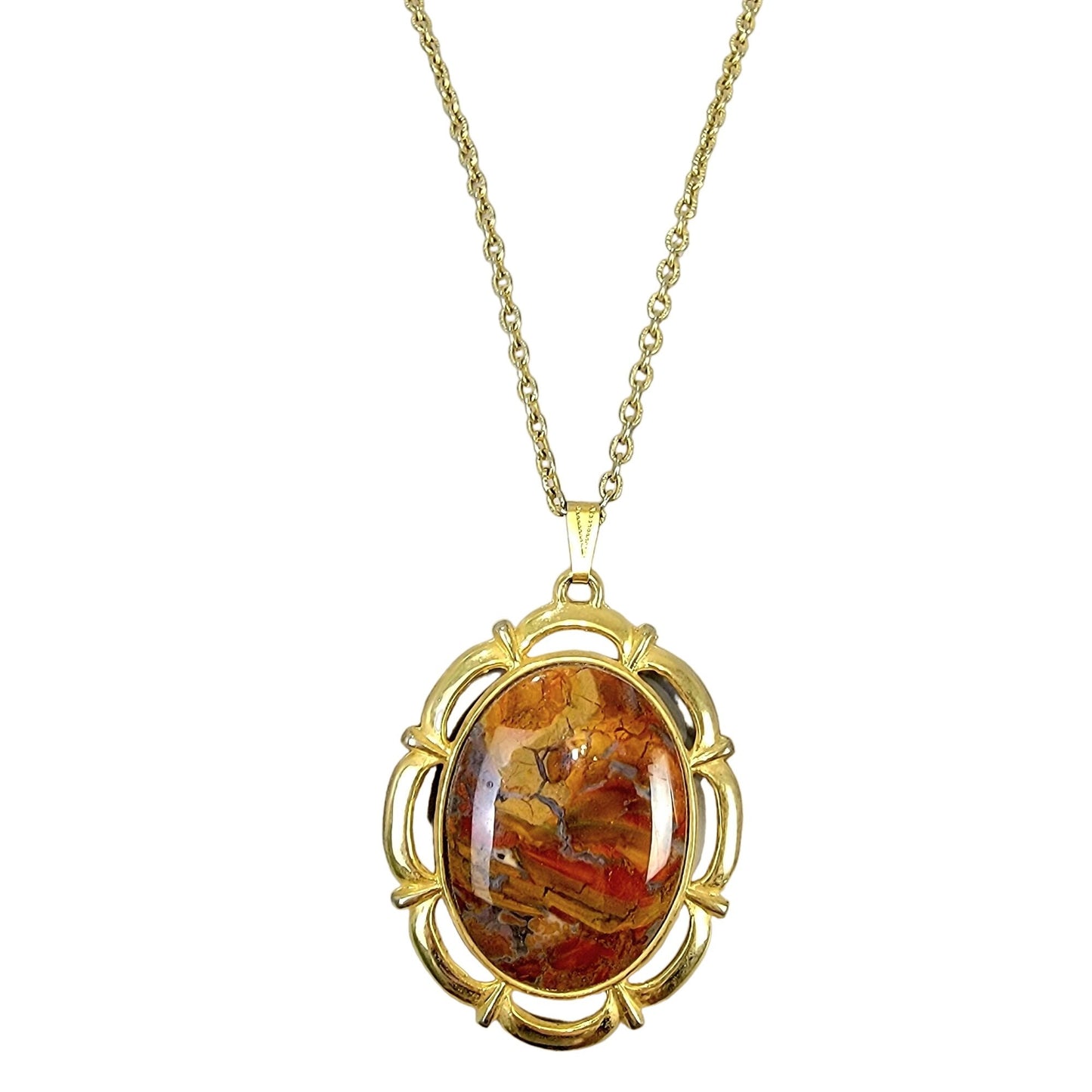 Red Jasper Pendant Necklace Gold Tone Chain Women Jewelry Stone Cabochon Vintage