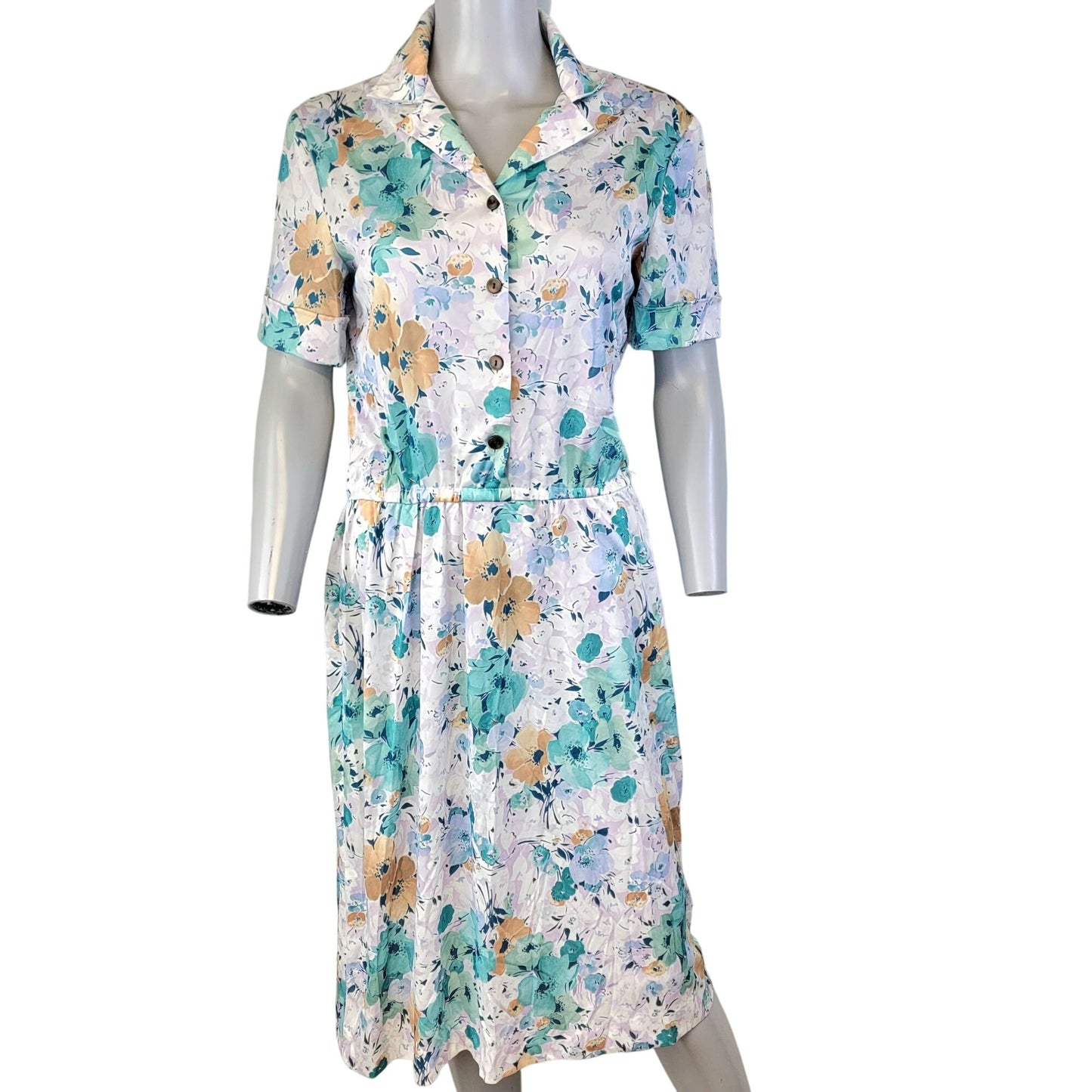 Vintage 70s Nylon Midi Shirt Dress Women Large 12 14 Blue Floral
