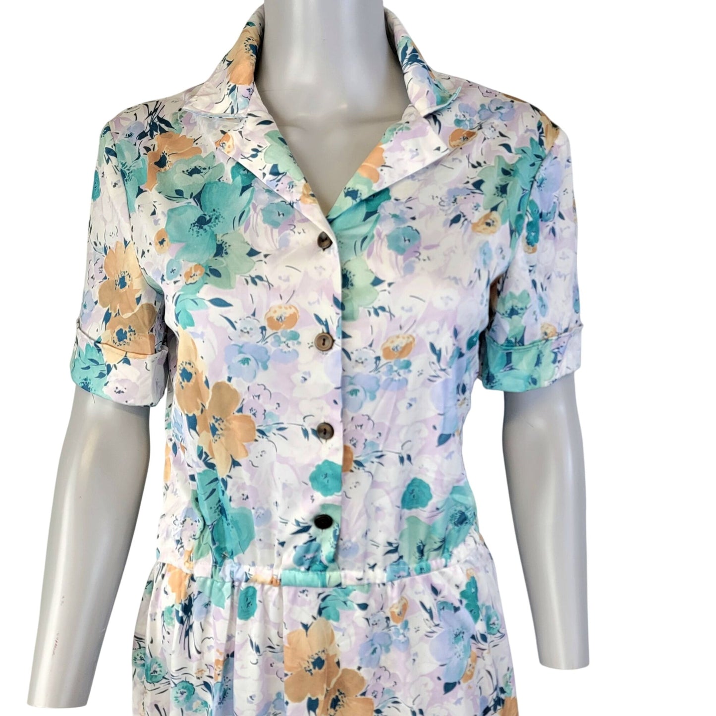 Vintage 70s Nylon Midi Shirt Dress Women Large 12 14 Blue Floral