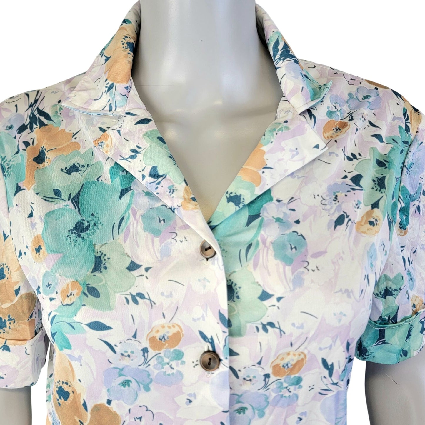 Vintage 70s Nylon Midi Shirt Dress Women Large 12 14 Blue Floral