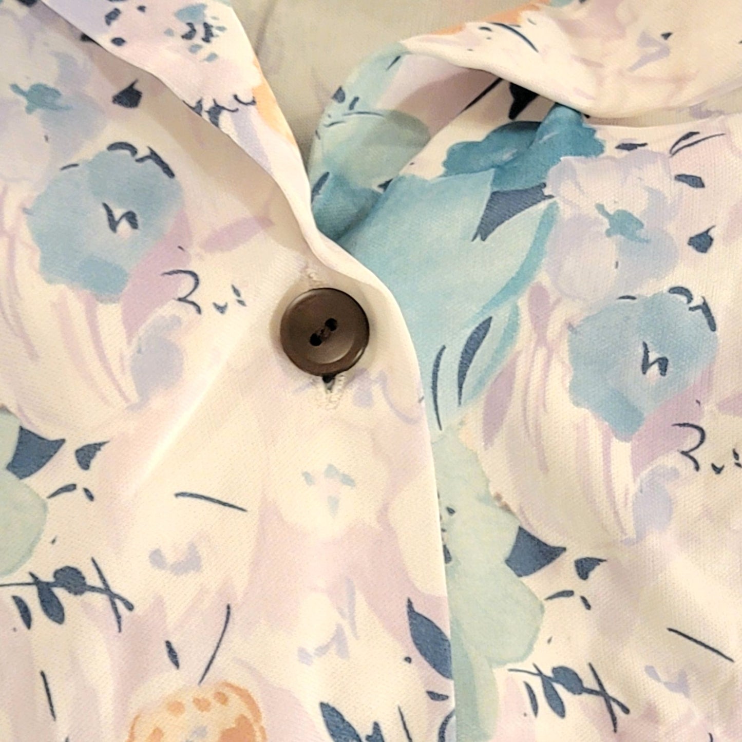 Vintage 70s Nylon Midi Shirt Dress Women Large 12 14 Blue Floral