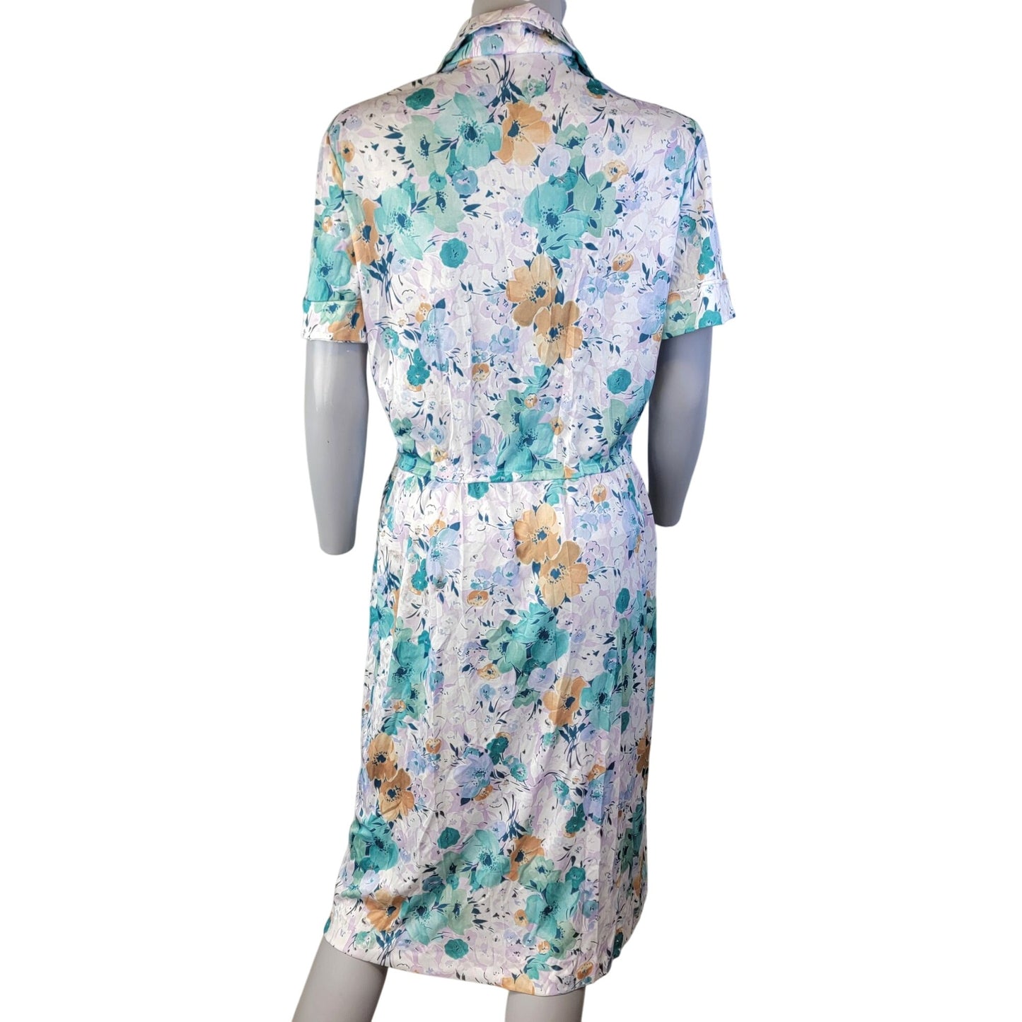 Vintage 70s Nylon Midi Shirt Dress Women Large 12 14 Blue Floral