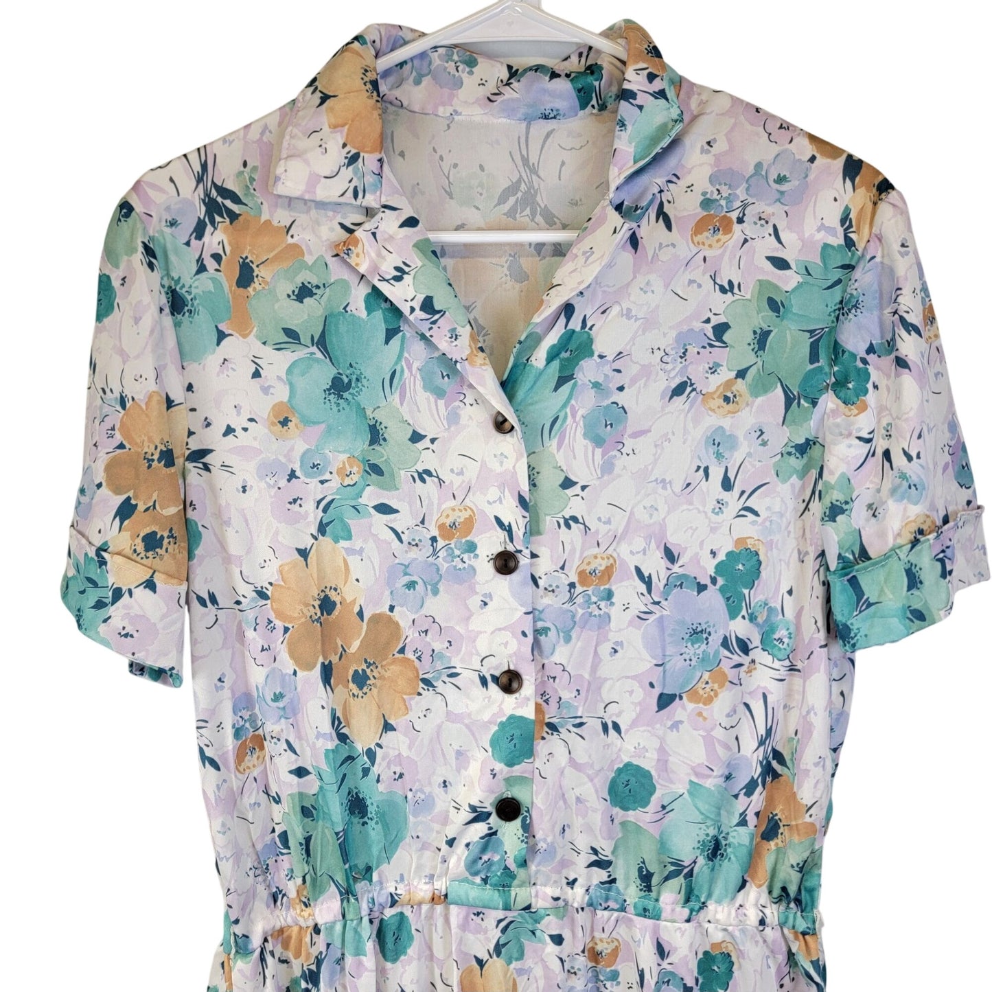 Vintage 70s Nylon Midi Shirt Dress Women Large 12 14 Blue Floral