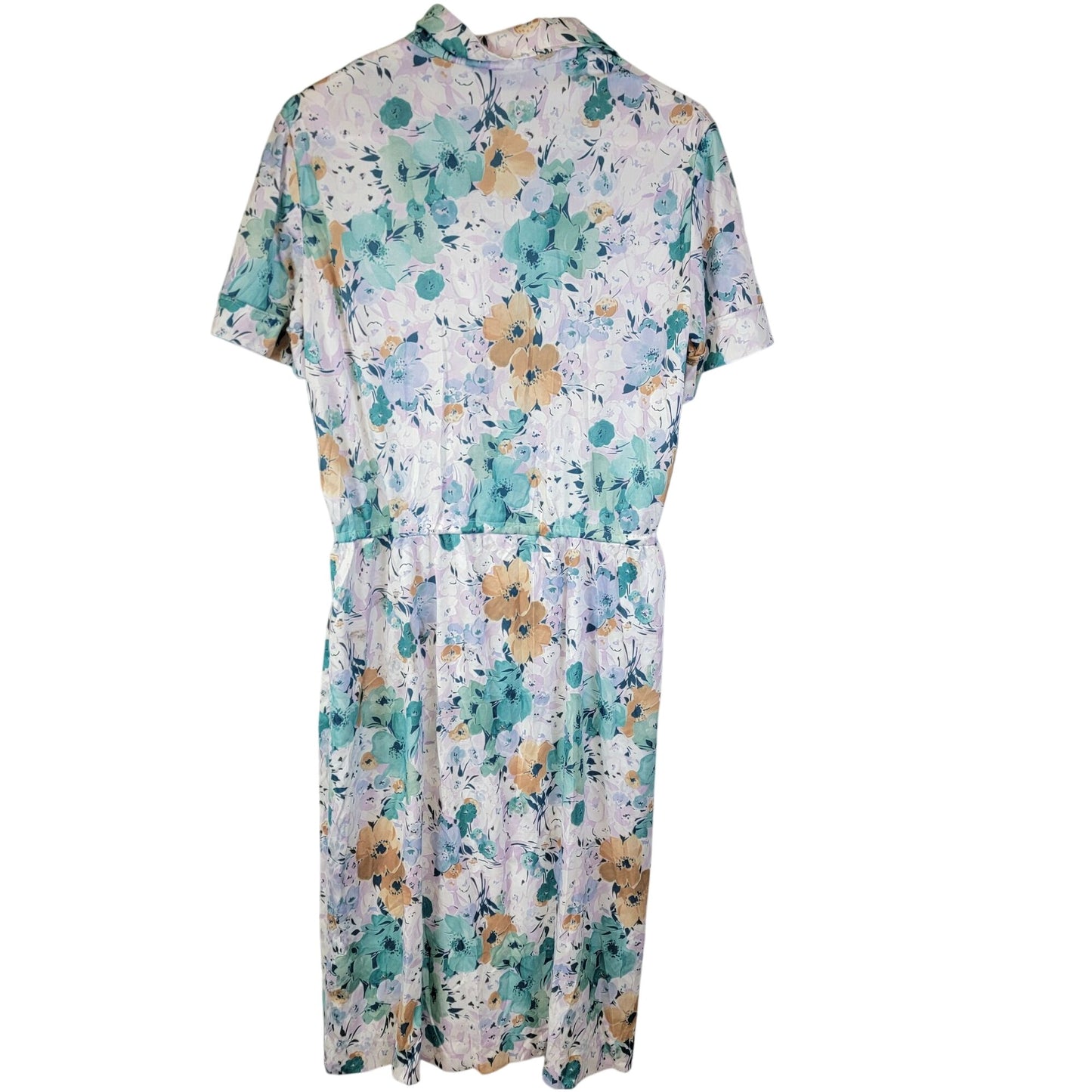 Vintage 70s Nylon Midi Shirt Dress Women Large 12 14 Blue Floral
