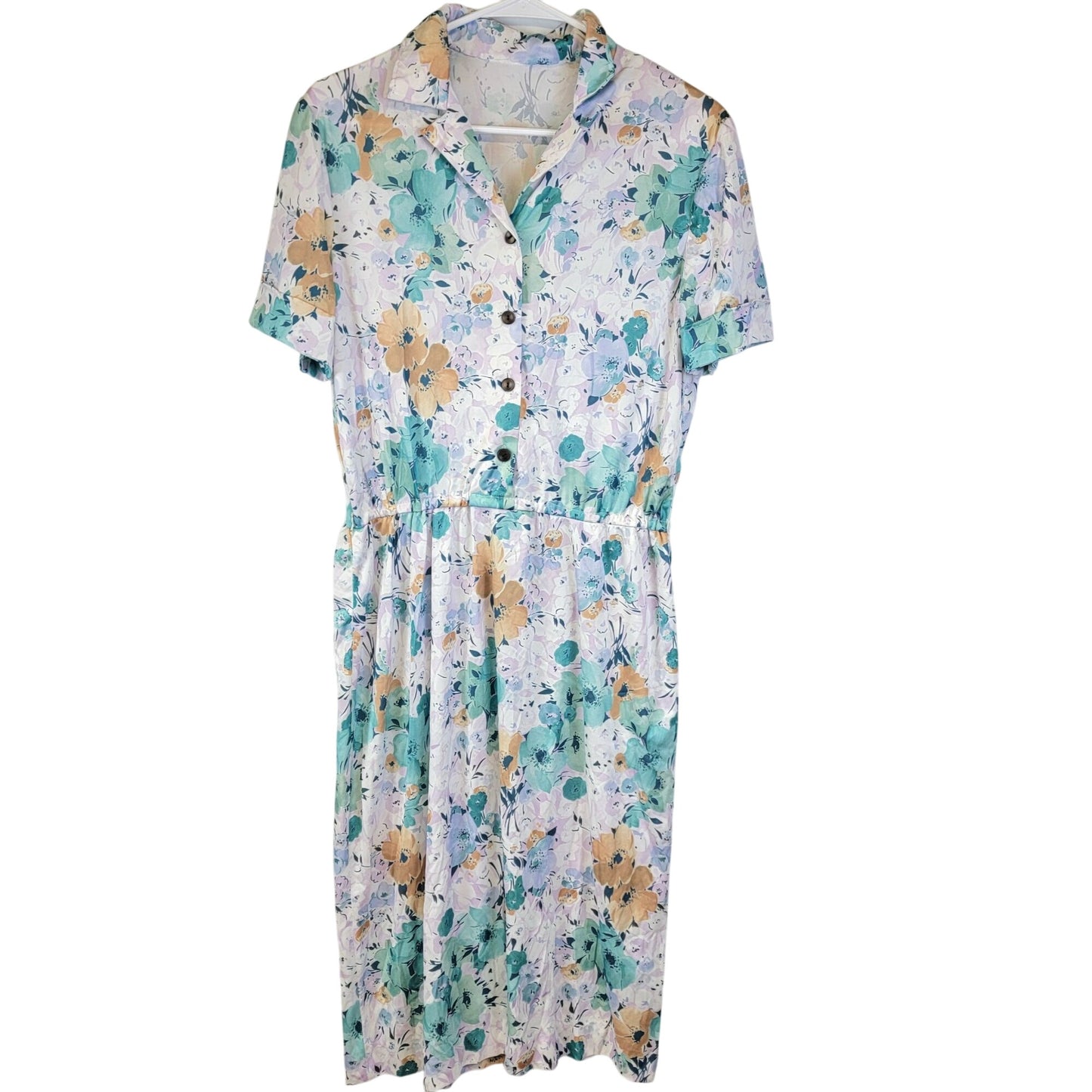 Vintage 70s Nylon Midi Shirt Dress Women Large 12 14 Blue Floral