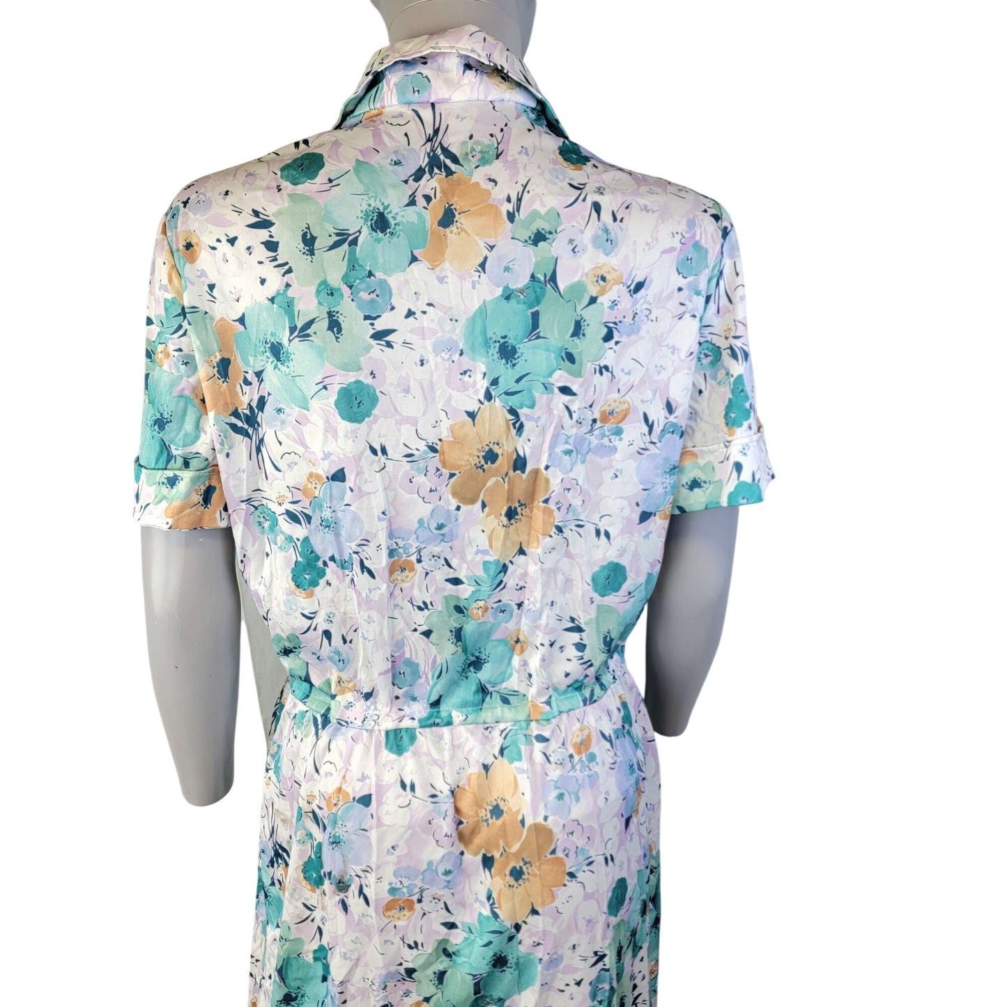Vintage 70s Nylon Midi Shirt Dress Women Large 12 14 Blue Floral