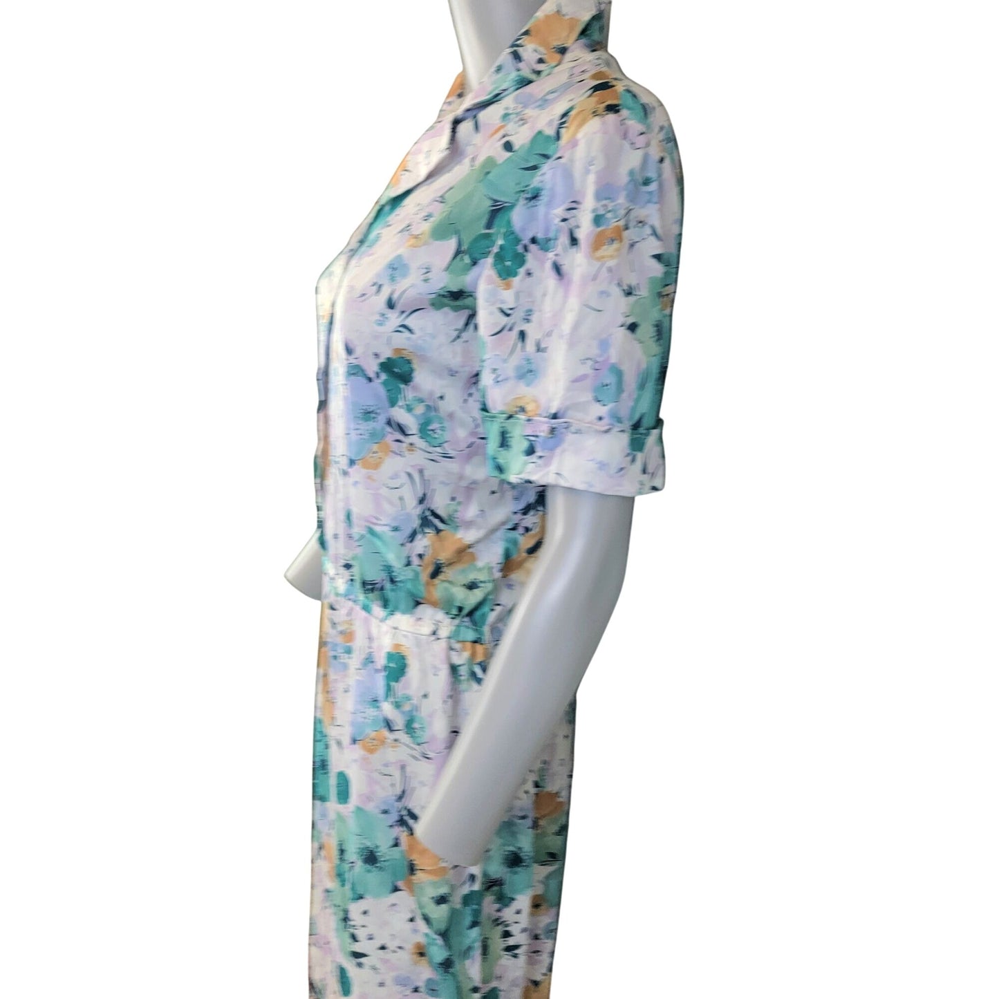 Vintage 70s Nylon Midi Shirt Dress Women Large 12 14 Blue Floral