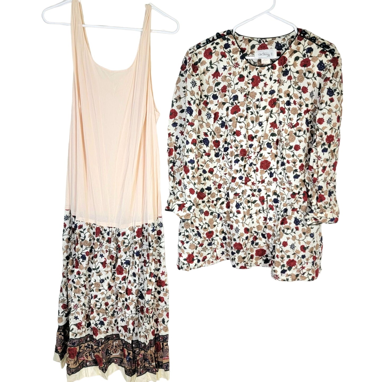 Lanz Vintage 90s Dress Set Women Plus 22W Floral Blouse Top Midi