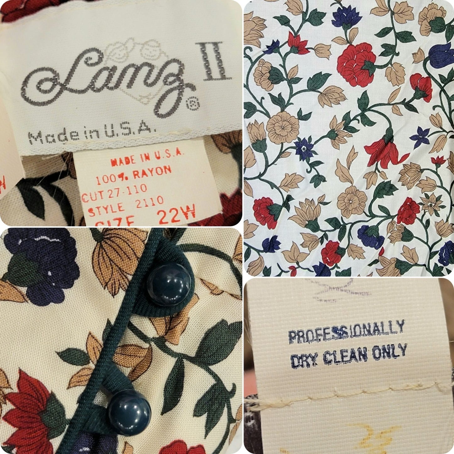 Lanz Vintage 90s Dress Set Women Plus 22W Floral Blouse Top Midi