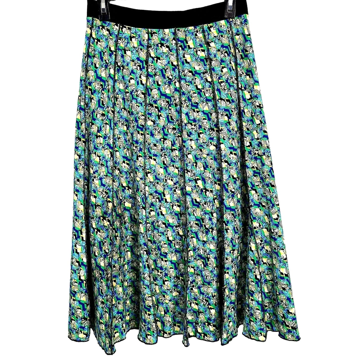 Vintage 90s Floral Midi Skirt Women Medium Magic Eye A-line Green