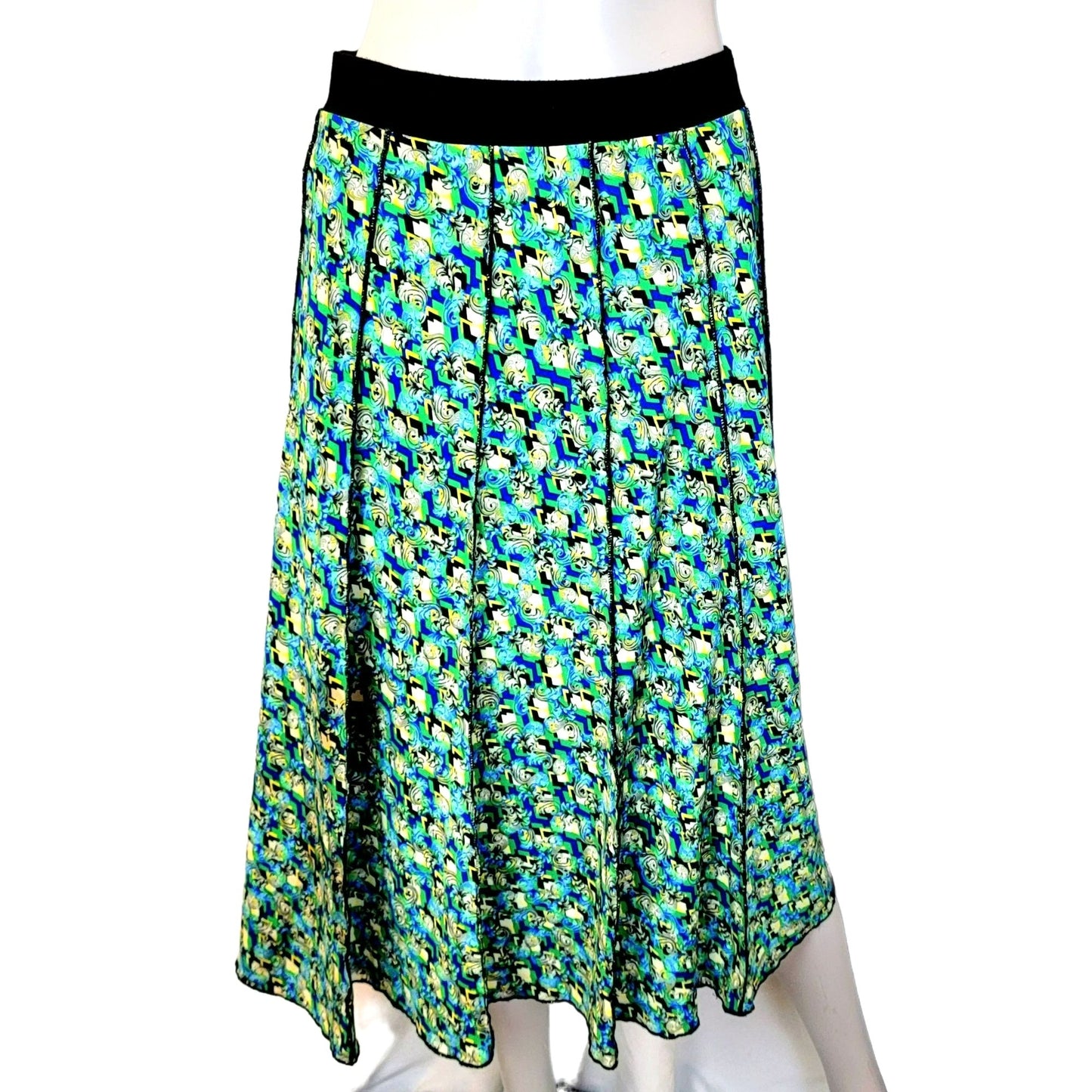 Vintage 90s Floral Midi Skirt Women Medium Magic Eye A-line Green