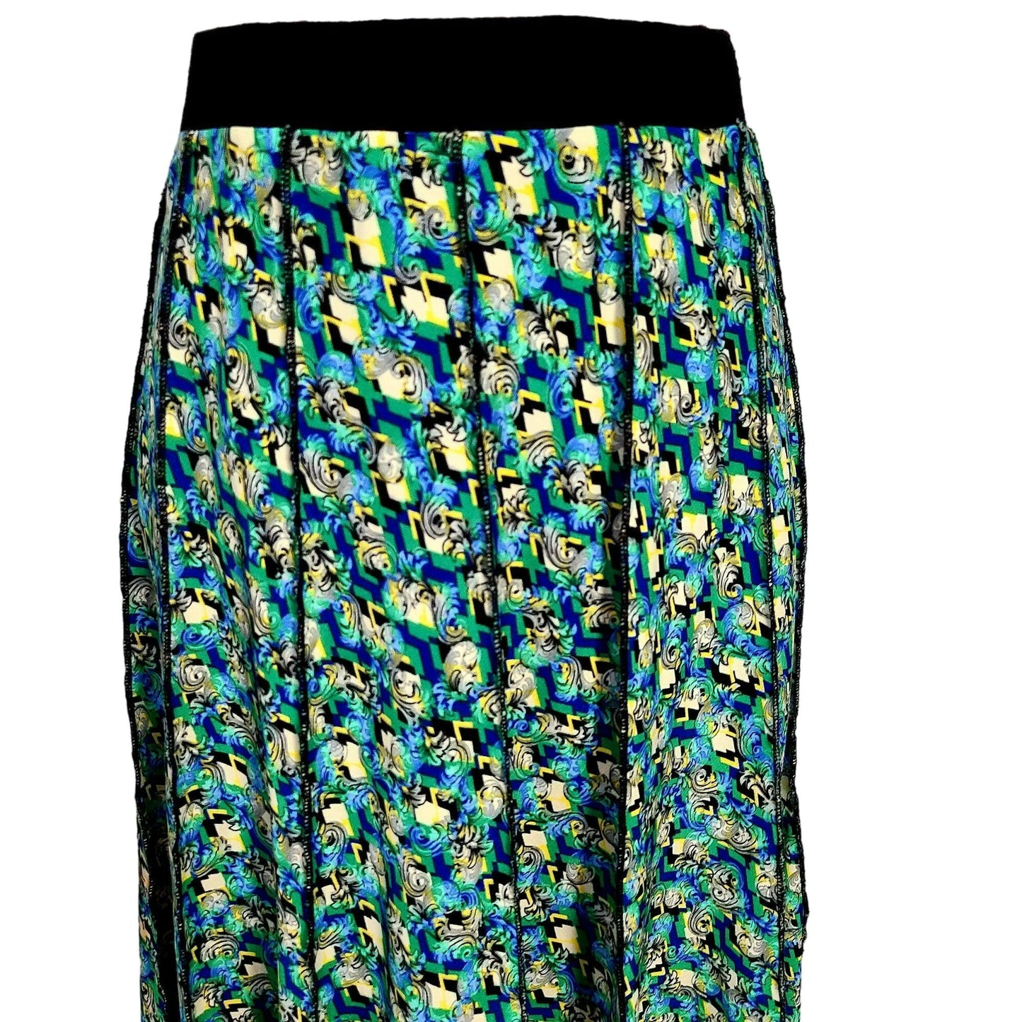 Vintage 90s Floral Midi Skirt Women Medium Magic Eye A-line Green
