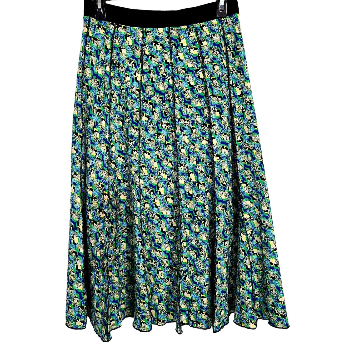 Vintage 90s Floral Midi Skirt Women Medium Magic Eye A-line Green