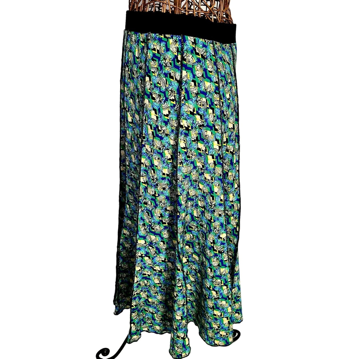 Vintage 90s Floral Midi Skirt Women Medium Magic Eye A-line Green