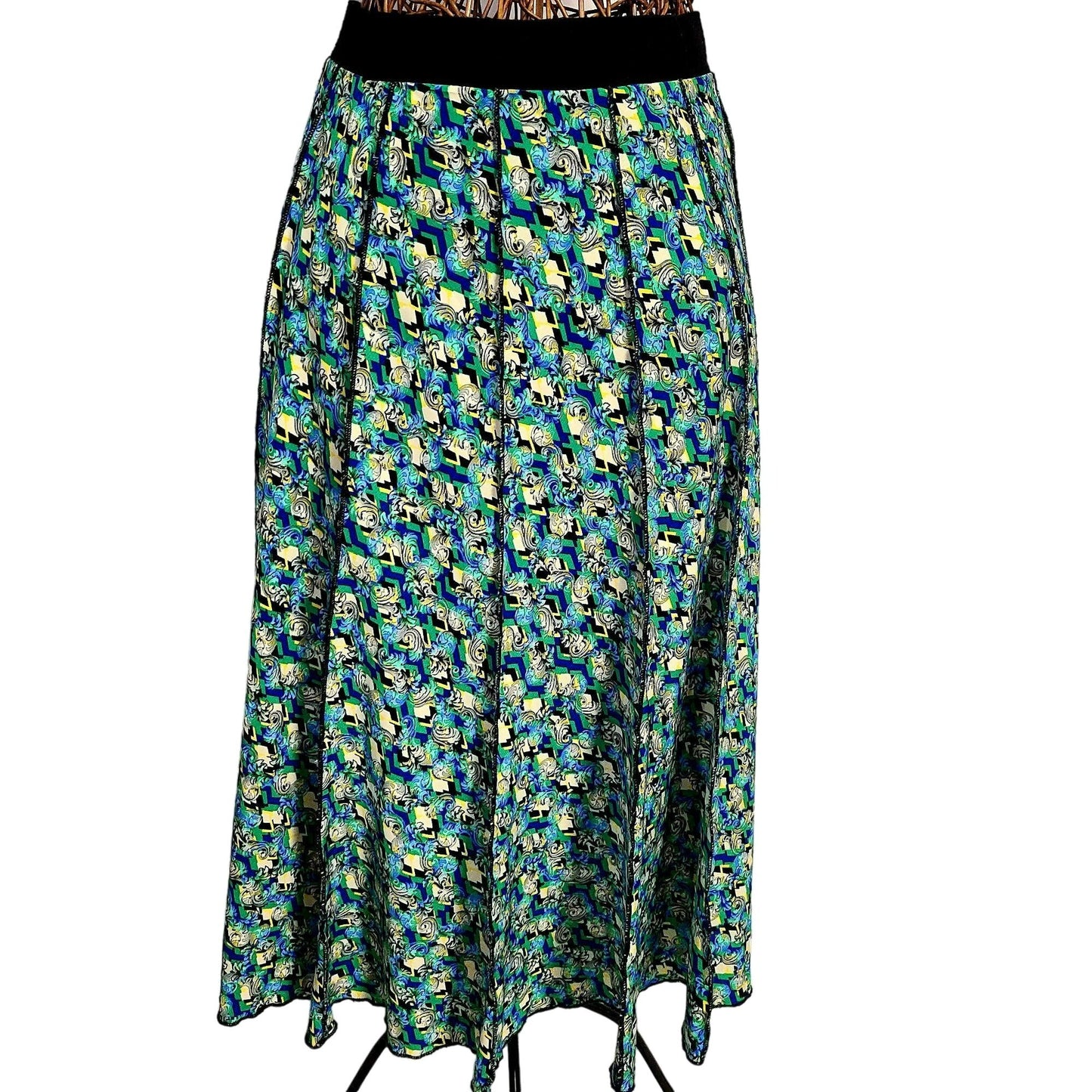 Vintage 90s Floral Midi Skirt Women Medium Magic Eye A-line Green