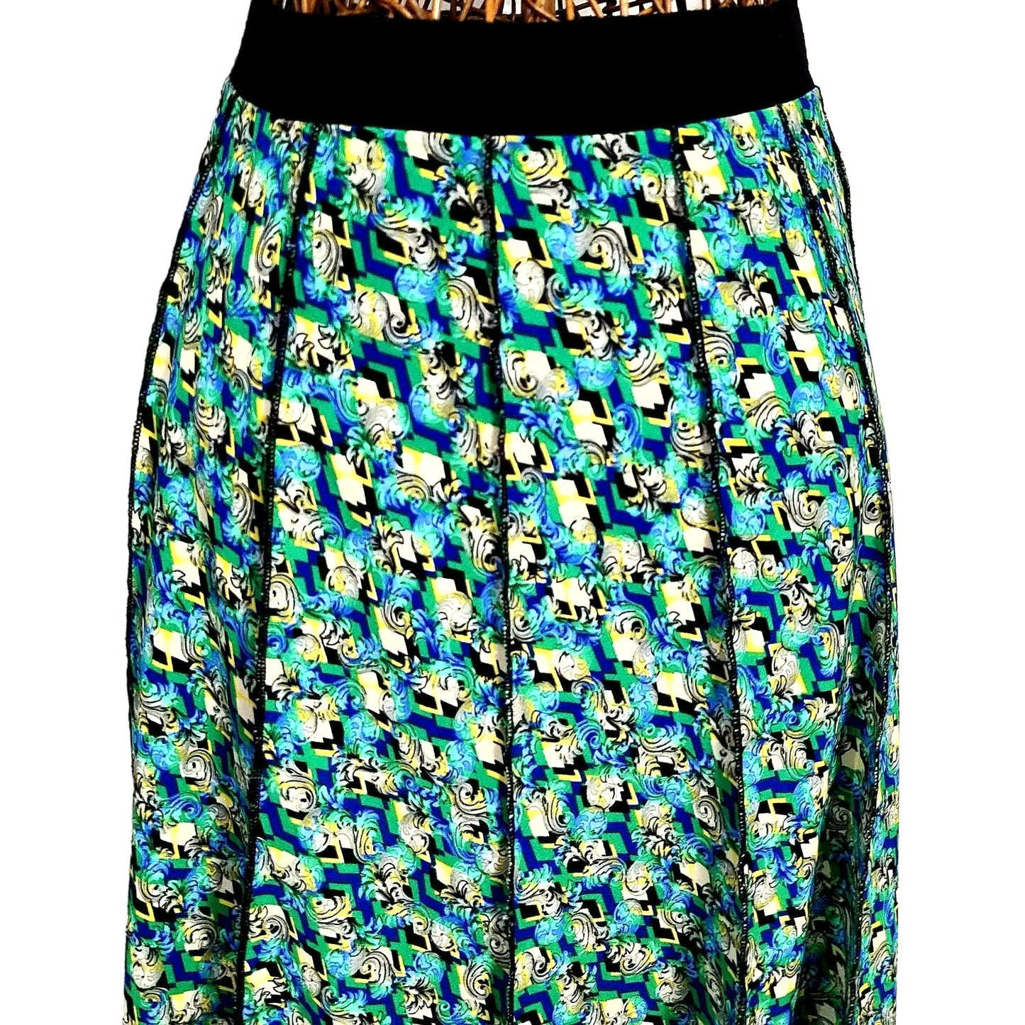 Vintage 90s Floral Midi Skirt Women Medium Magic Eye A-line Green