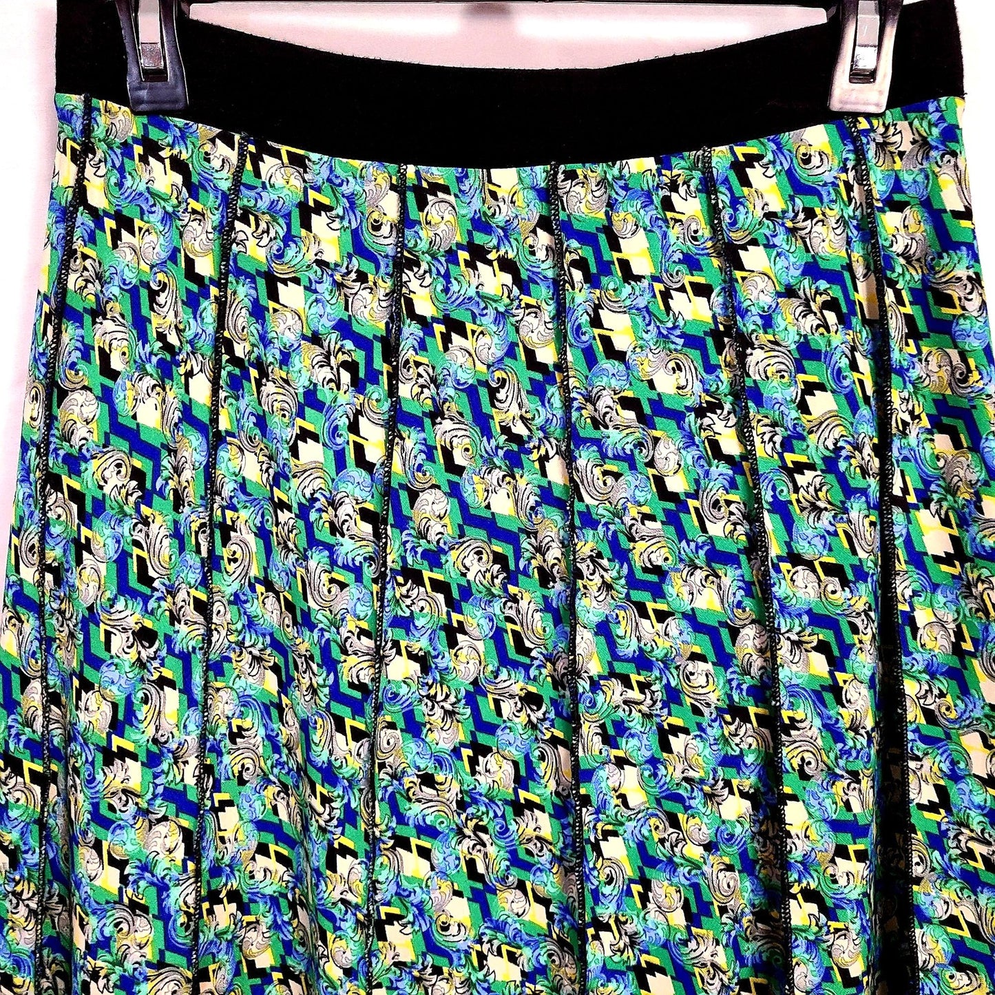 Vintage 90s Floral Midi Skirt Women Medium Magic Eye A-line Green