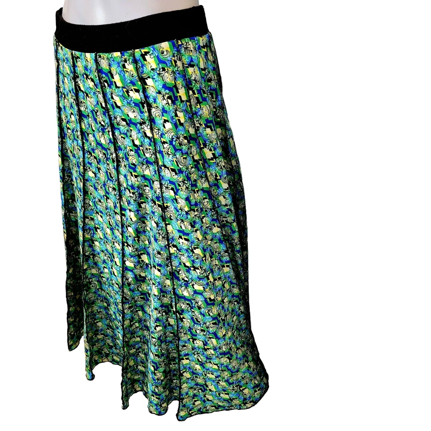 Vintage 90s Floral Midi Skirt Women Medium Magic Eye A-line Green