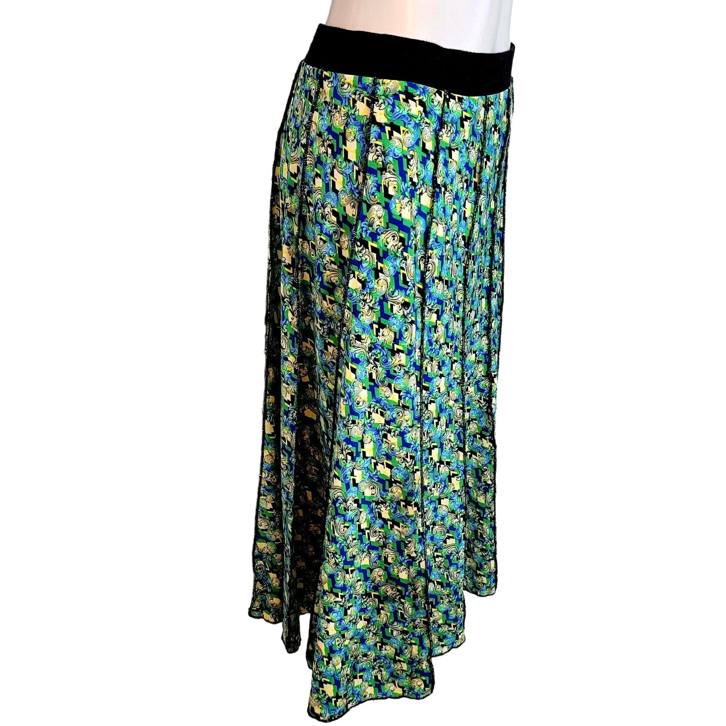 Vintage 90s Floral Midi Skirt Women Medium Magic Eye A-line Green