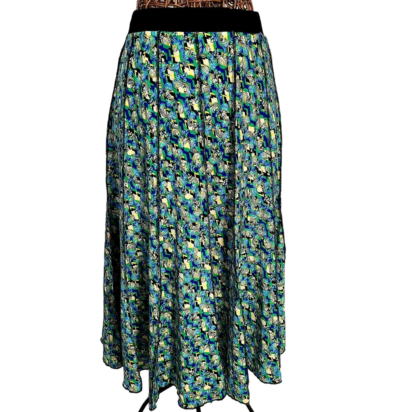 Vintage 90s Floral Midi Skirt Women Medium Magic Eye A-line Green