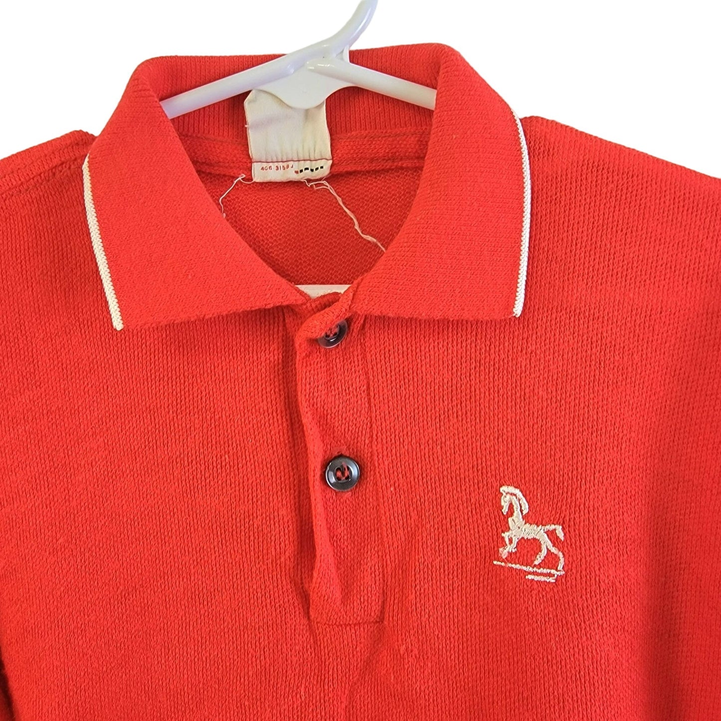 Vintage 60s Embroidered Horse Polo Shirt Boy 4 Red Long Sleeve