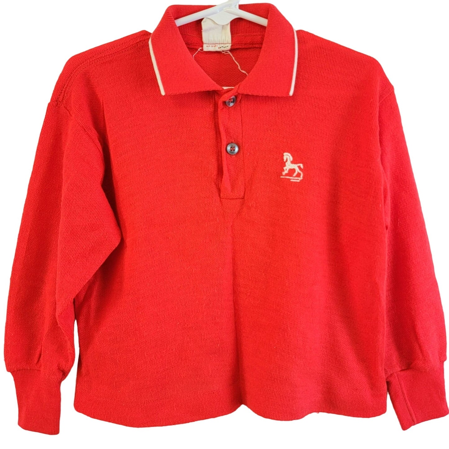 Vintage 60s Embroidered Horse Polo Shirt Boy 4 Red Long Sleeve