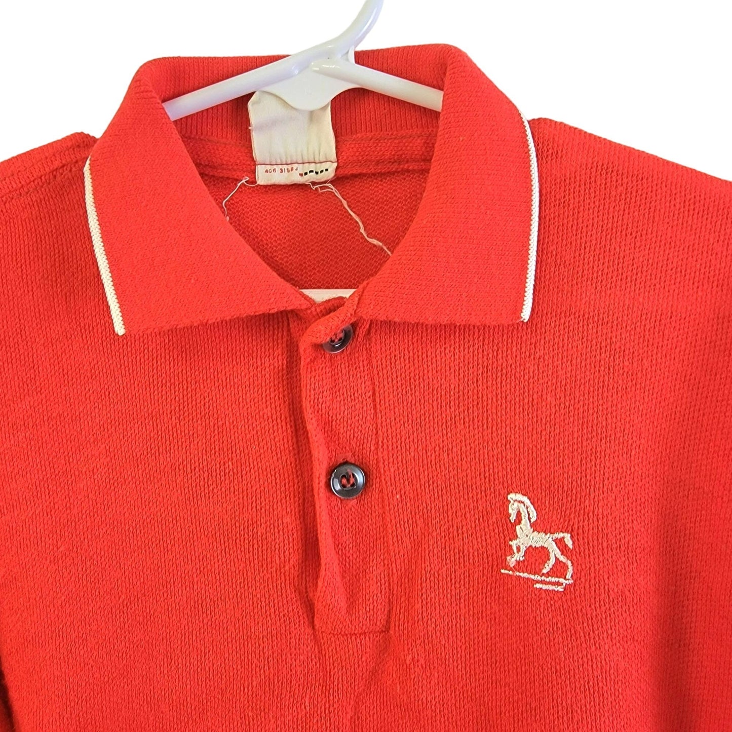 Vintage 60s Embroidered Horse Polo Shirt Boy 4 Red Long Sleeve