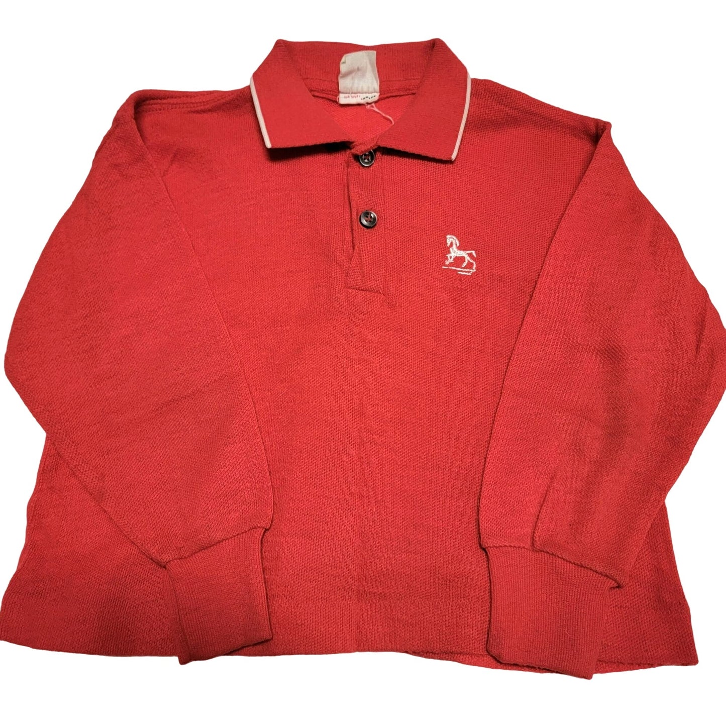 Vintage 60s Embroidered Horse Polo Shirt Boy 4 Red Long Sleeve