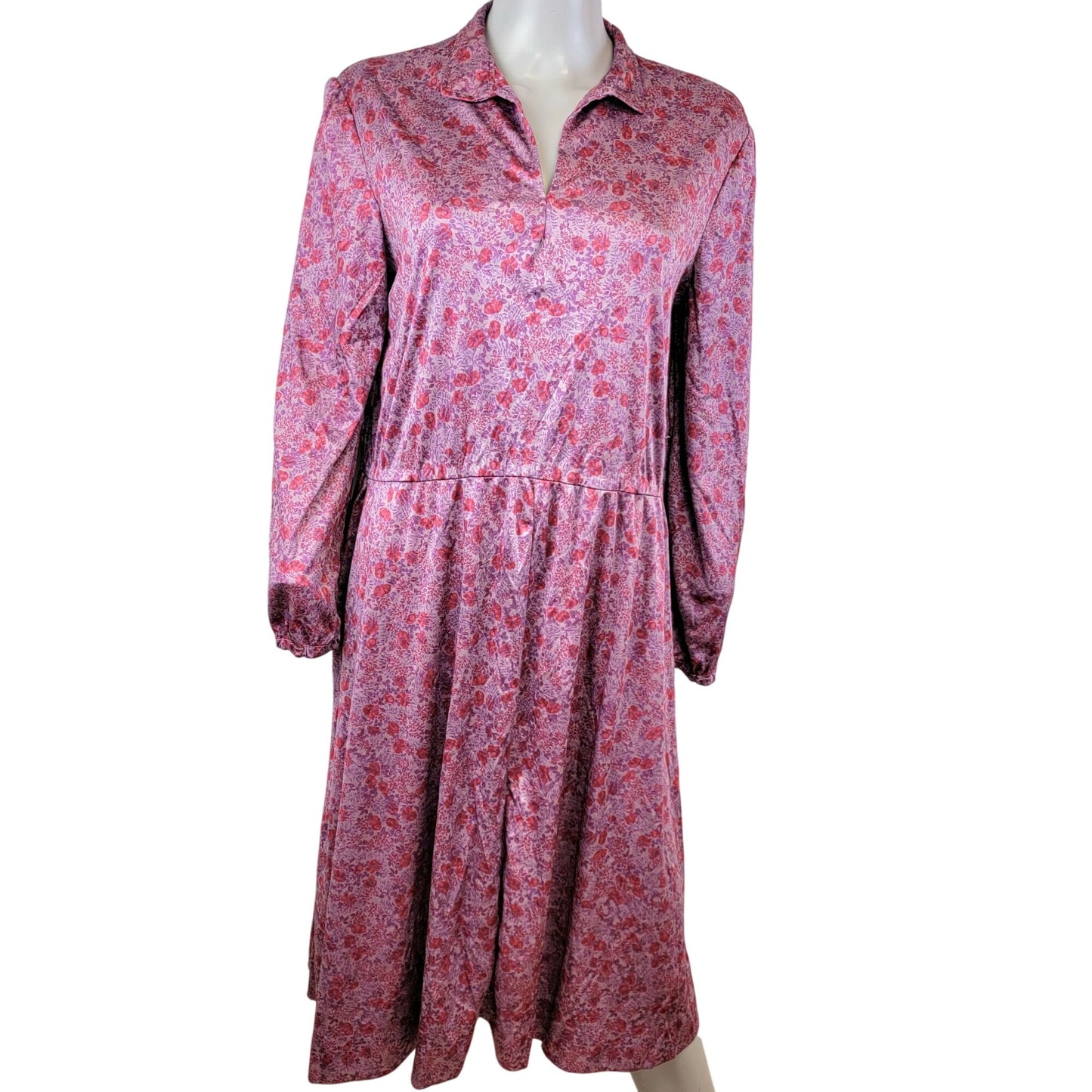 Vintage 70s Pink Floral Midi Dress Women 1X 18 Long Sleeve Nylon