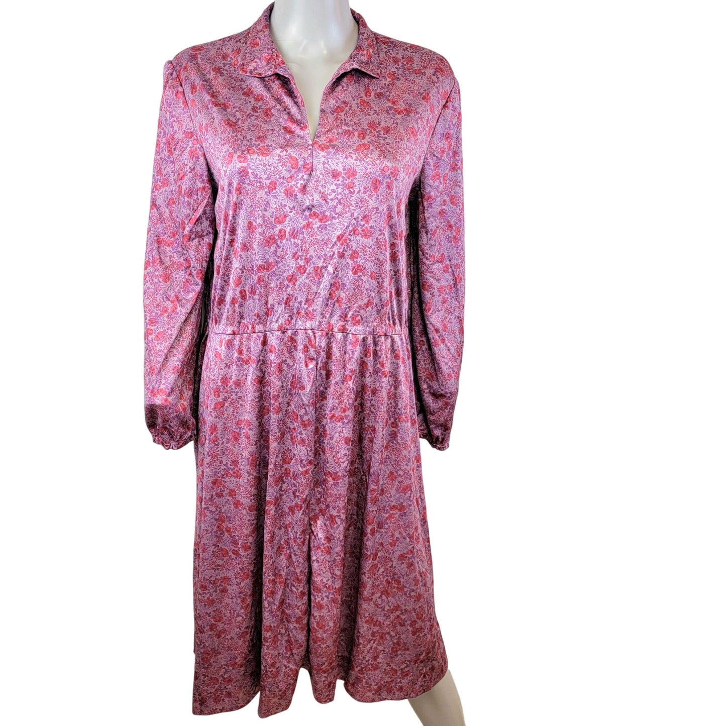 Vintage 70s Pink Floral Midi Dress Women 1X 18 Long Sleeve Nylon