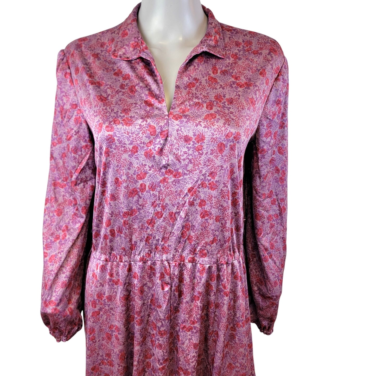 Vintage 70s Pink Floral Midi Dress Women 1X 18 Long Sleeve Nylon