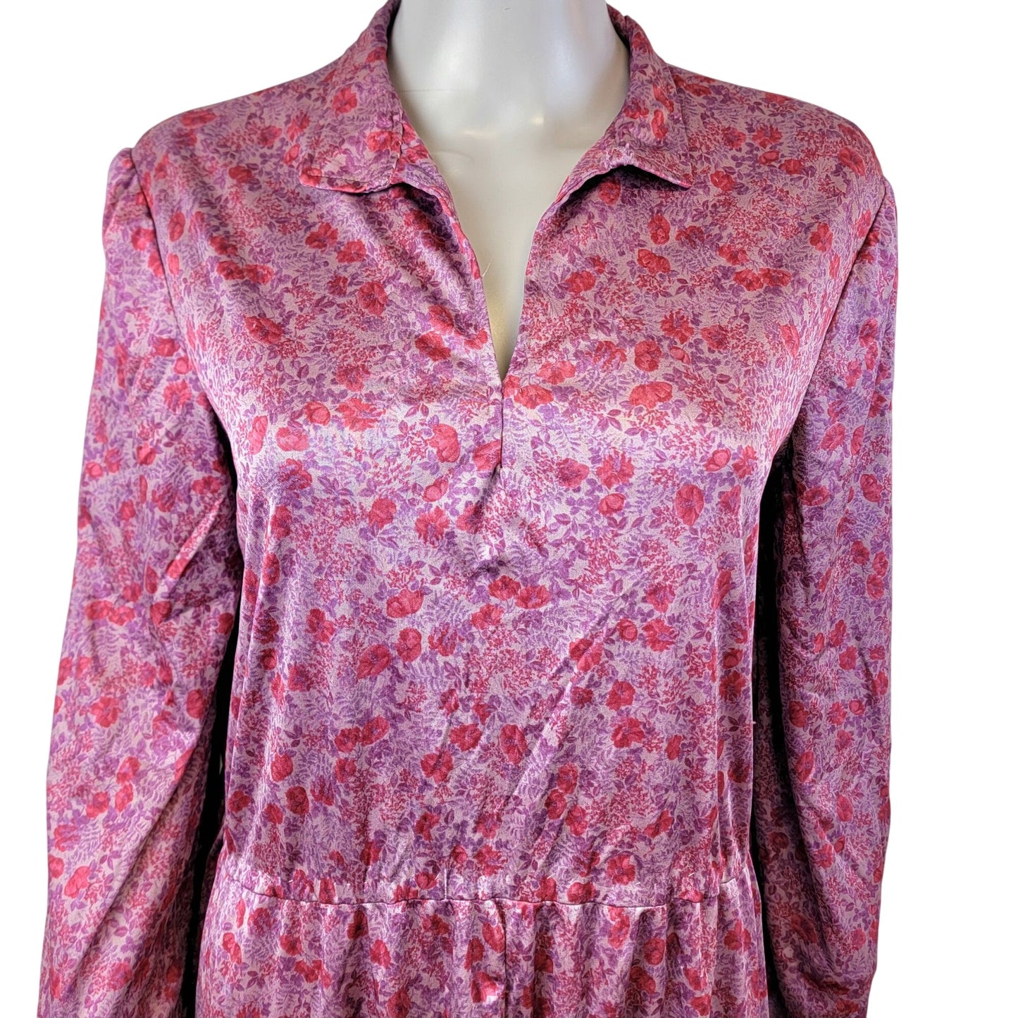 Vintage 70s Pink Floral Midi Dress Women 1X 18 Long Sleeve Nylon