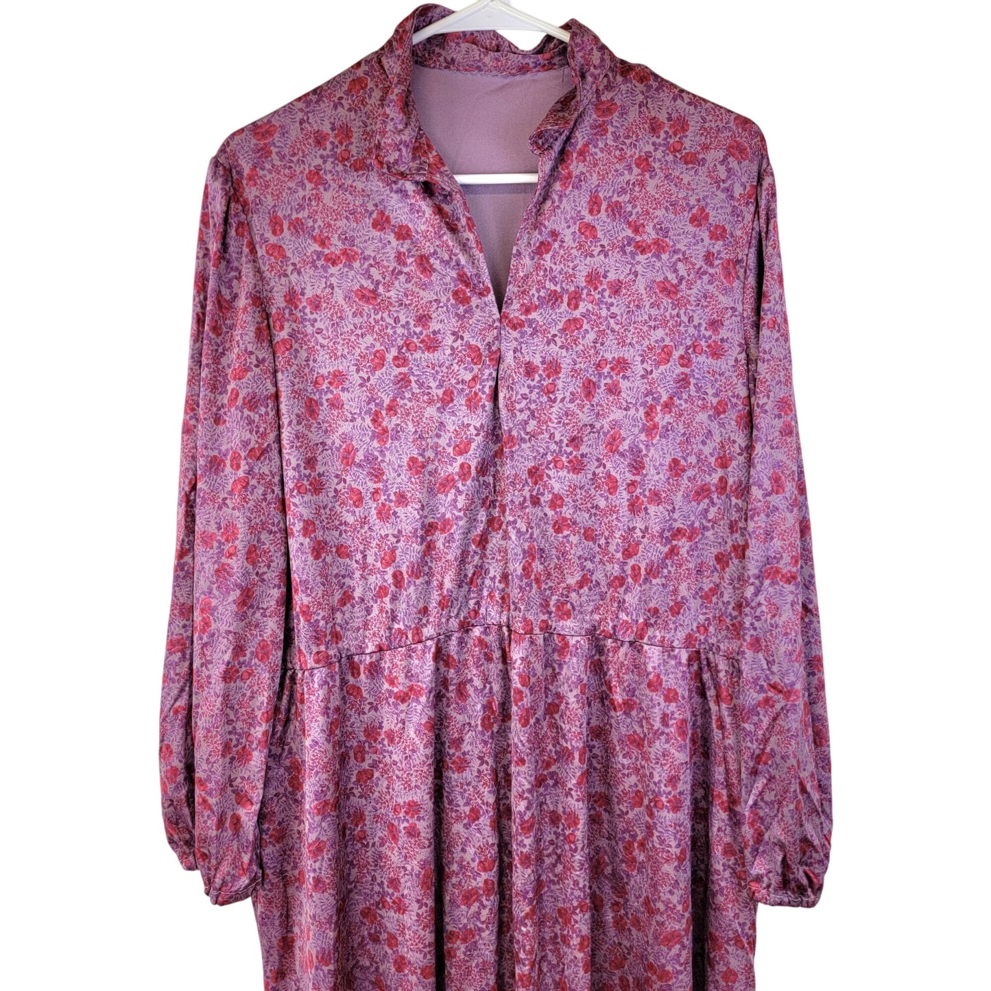 Vintage 70s Pink Floral Midi Dress Women 1X 18 Long Sleeve Nylon