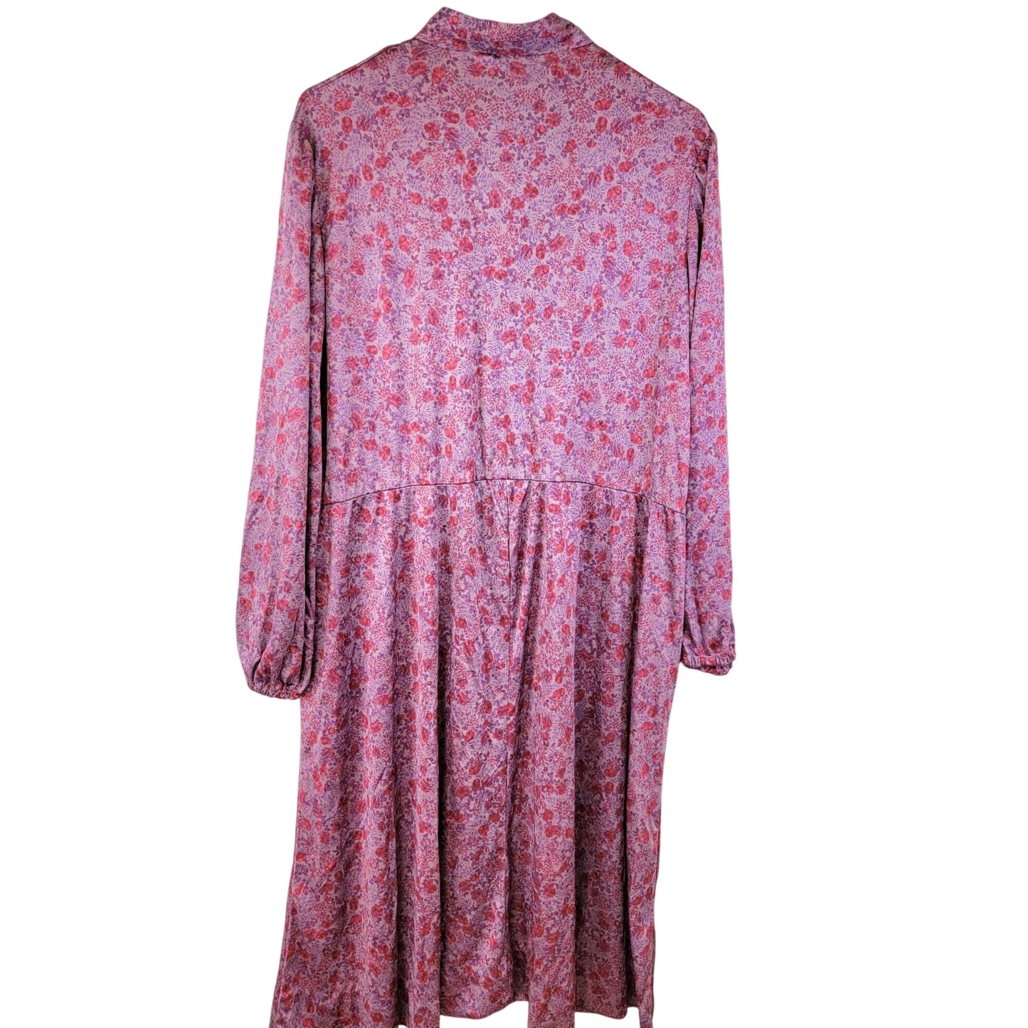 Vintage 70s Pink Floral Midi Dress Women 1X 18 Long Sleeve Nylon