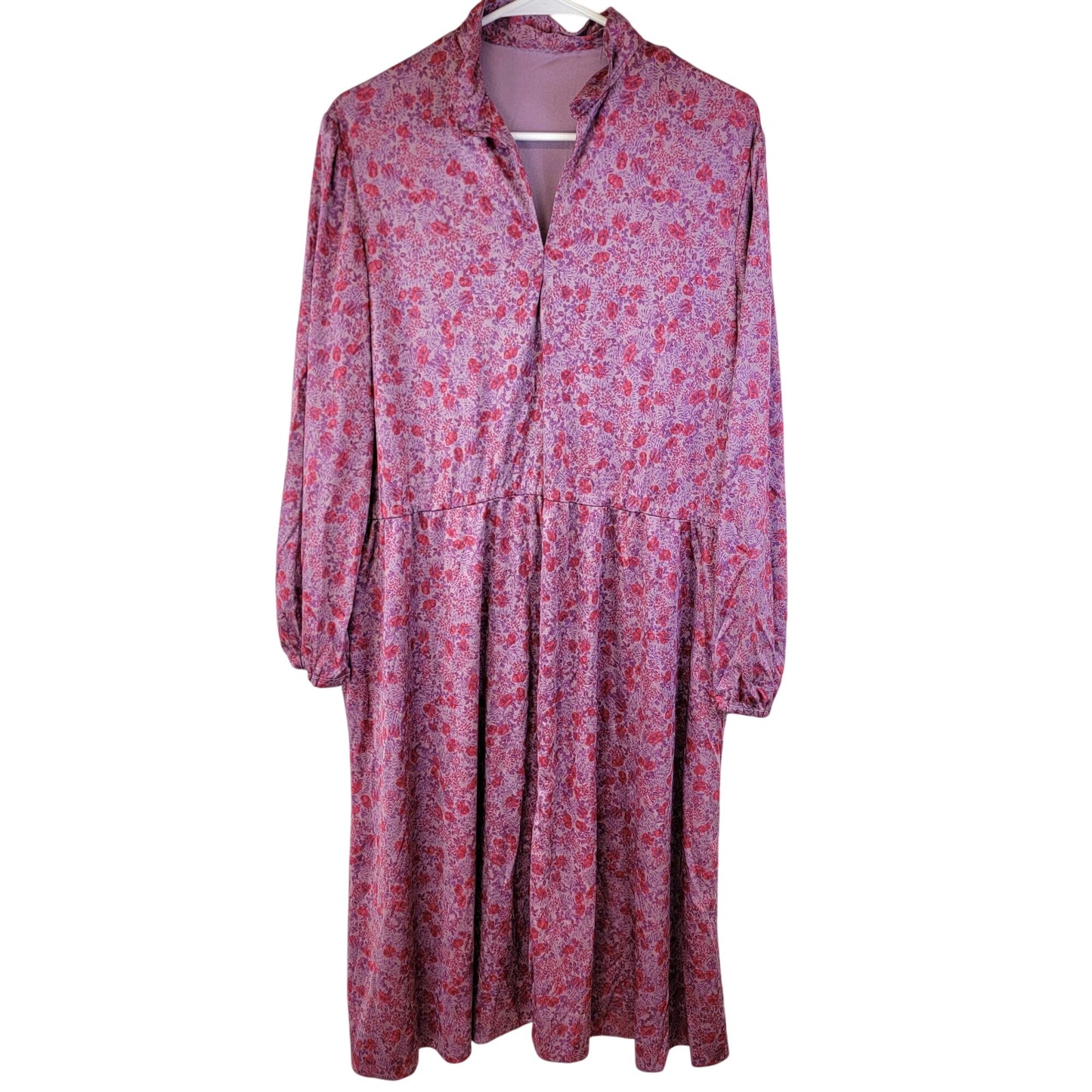 Vintage 70s Pink Floral Midi Dress Women 1X 18 Long Sleeve Nylon