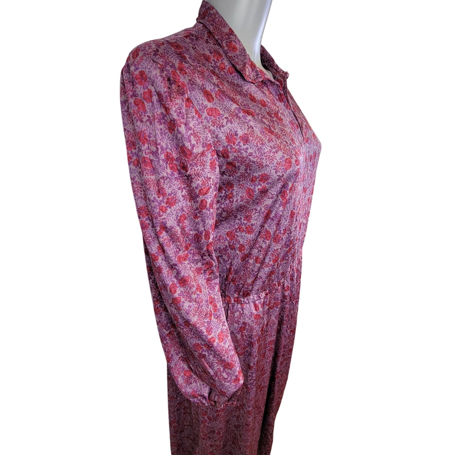 Vintage 70s Pink Floral Midi Dress Women 1X 18 Long Sleeve Nylon