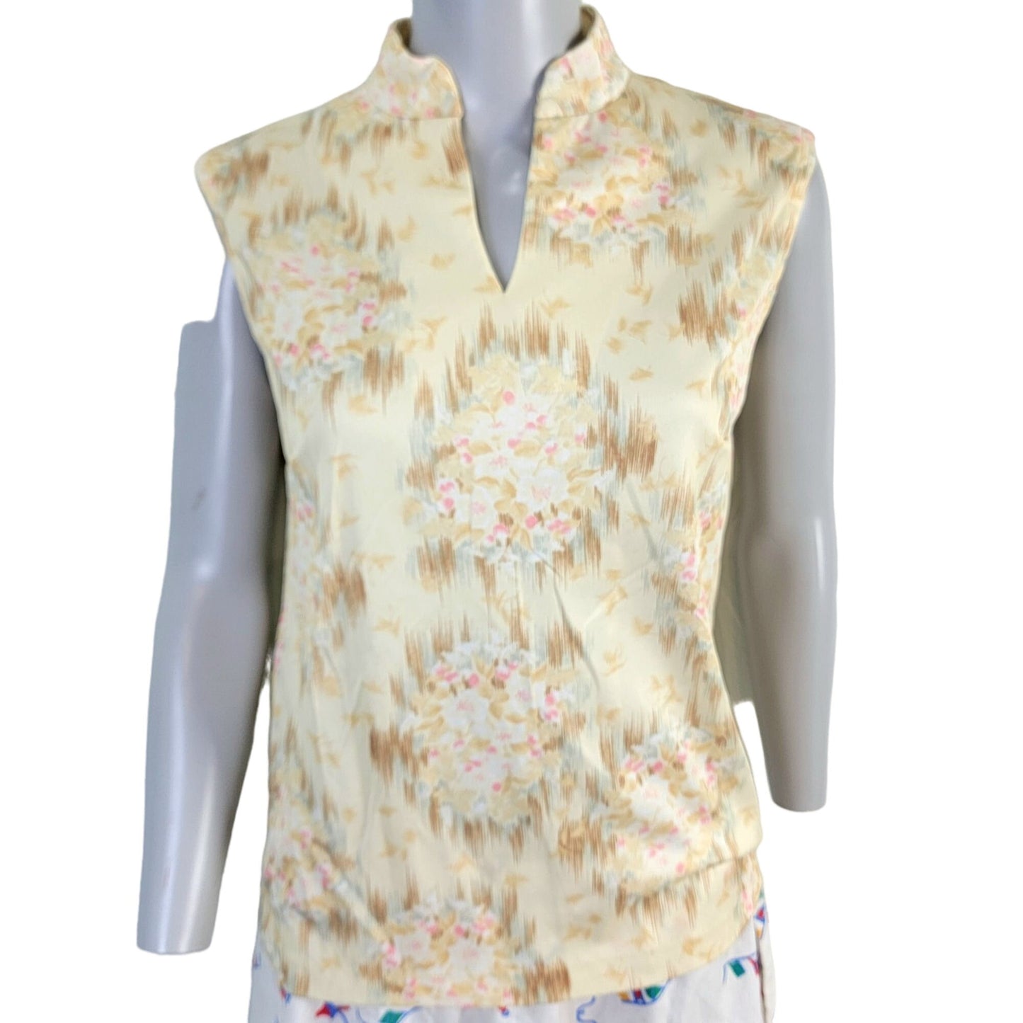 Vintage 70s Floral Tank Top Women 14 XL Beige Pink Sleeveless Shirt