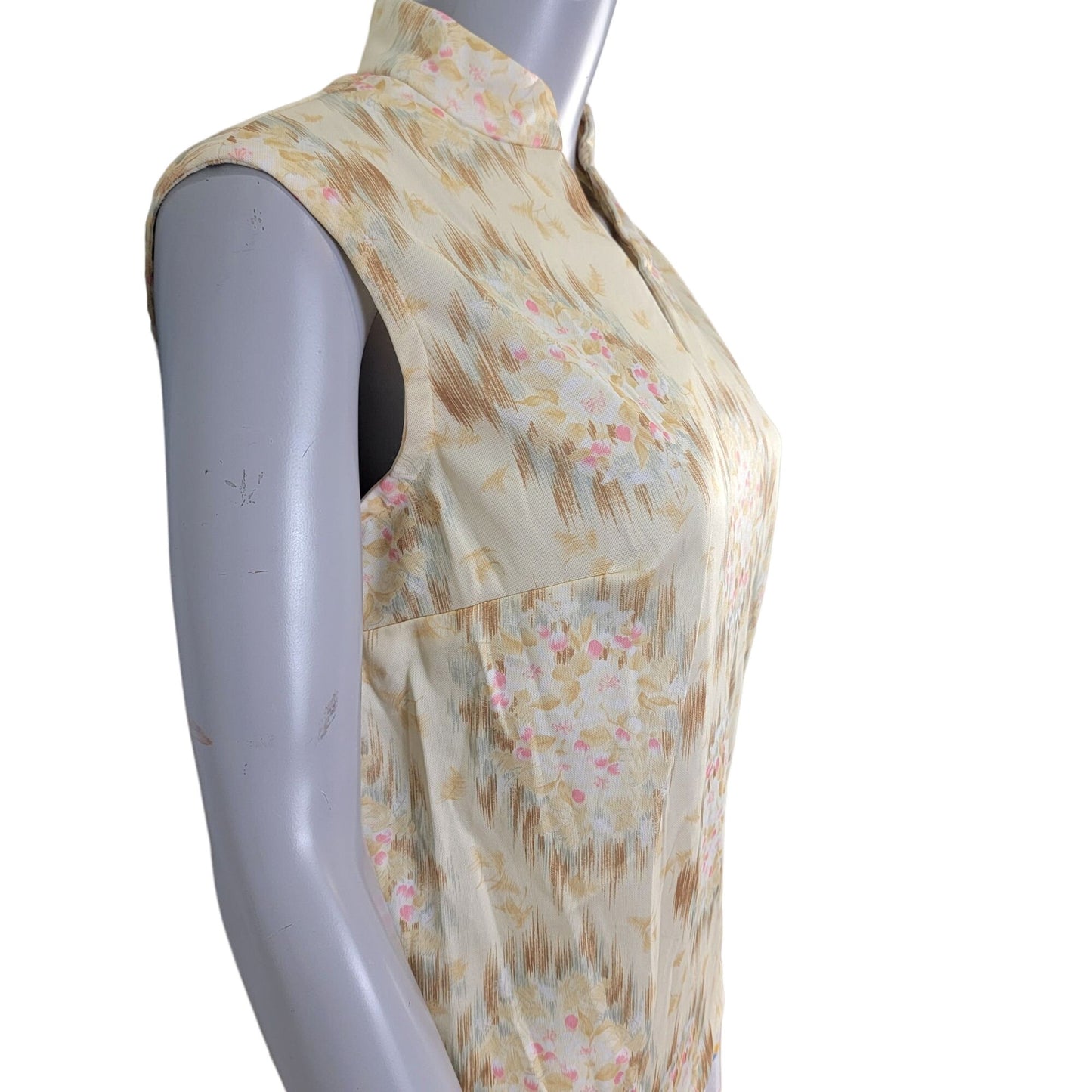 Vintage 70s Floral Tank Top Women 14 XL Beige Pink Sleeveless Shirt