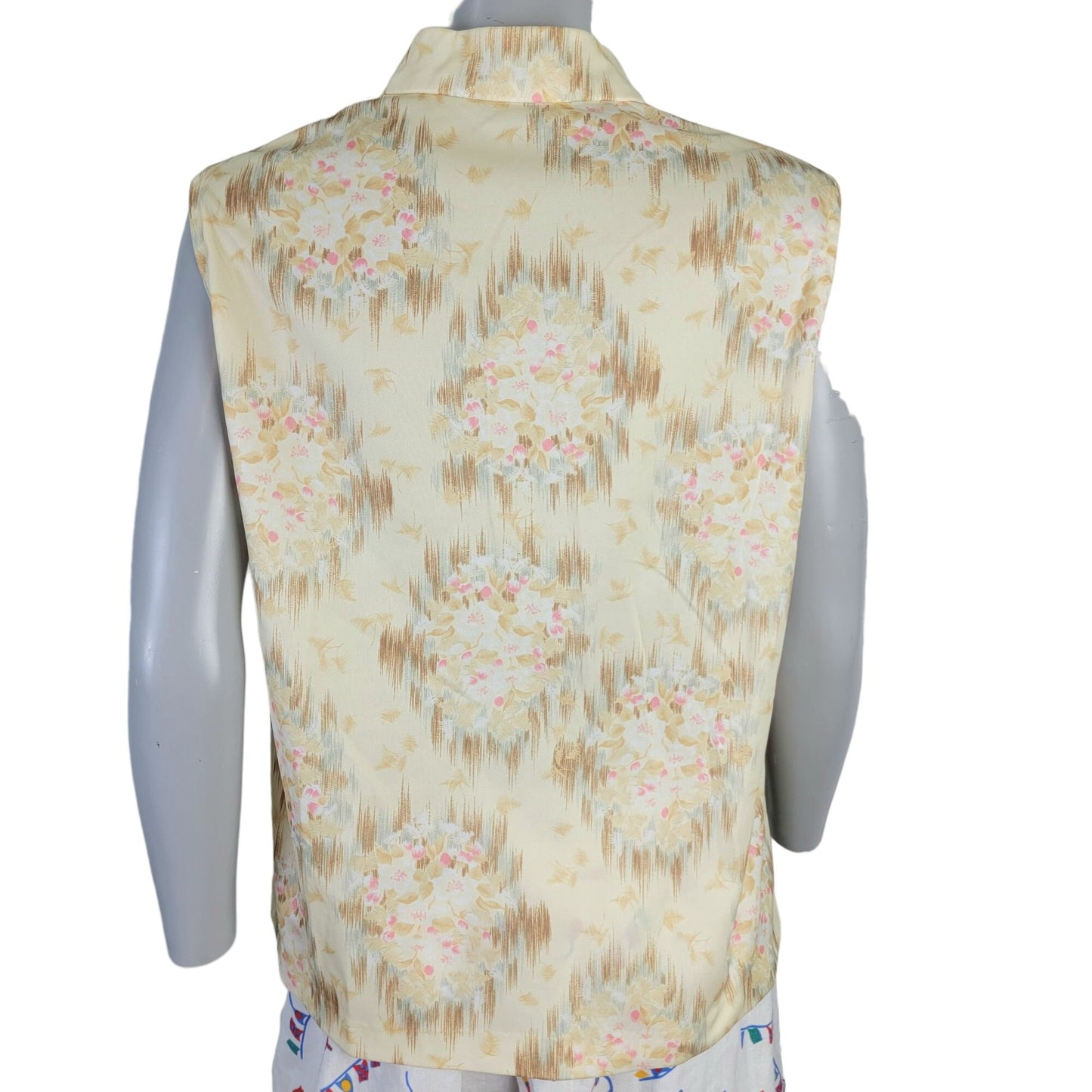 Vintage 70s Floral Tank Top Women 14 XL Beige Pink Sleeveless Shirt
