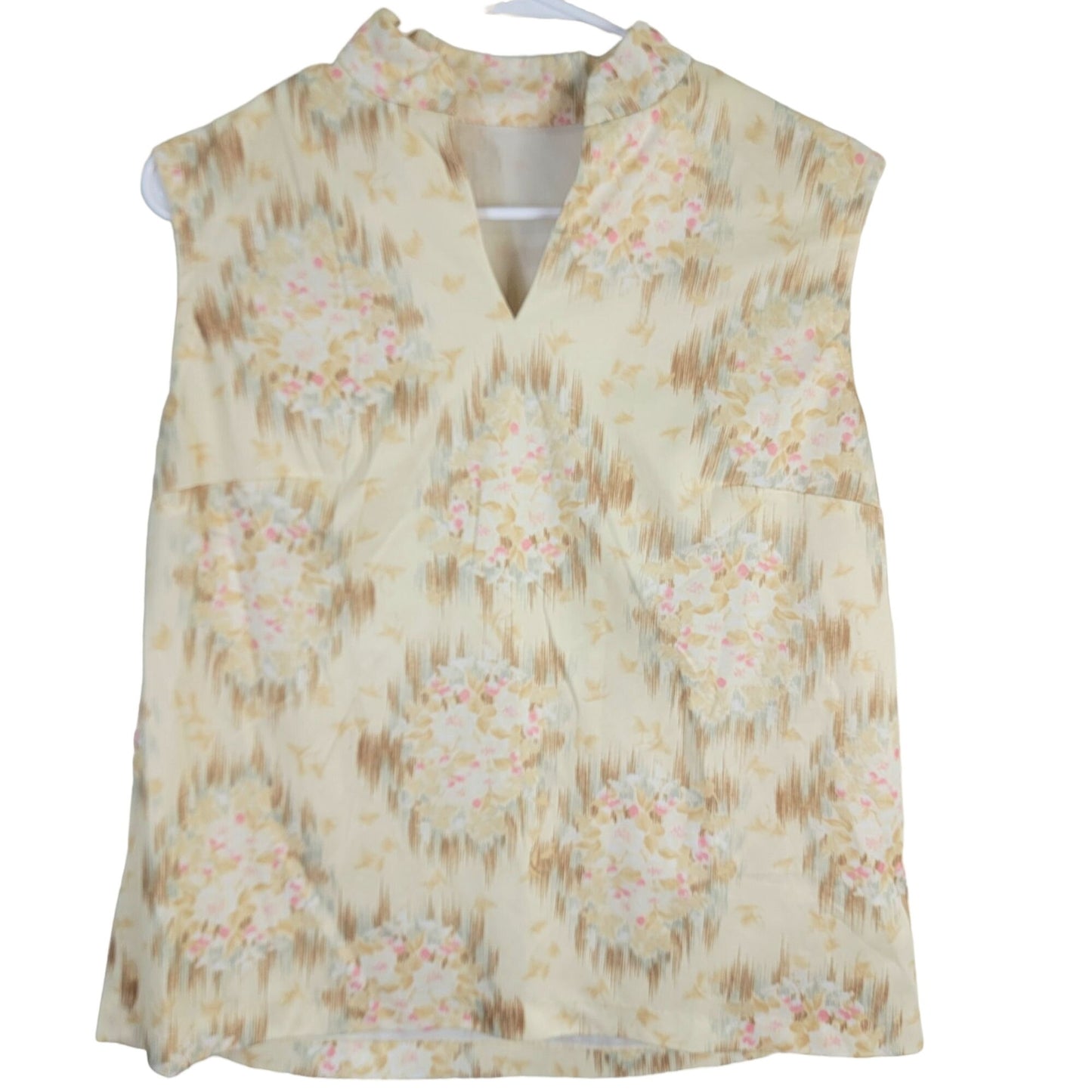 Vintage 70s Floral Tank Top Women 14 XL Beige Pink Sleeveless Shirt