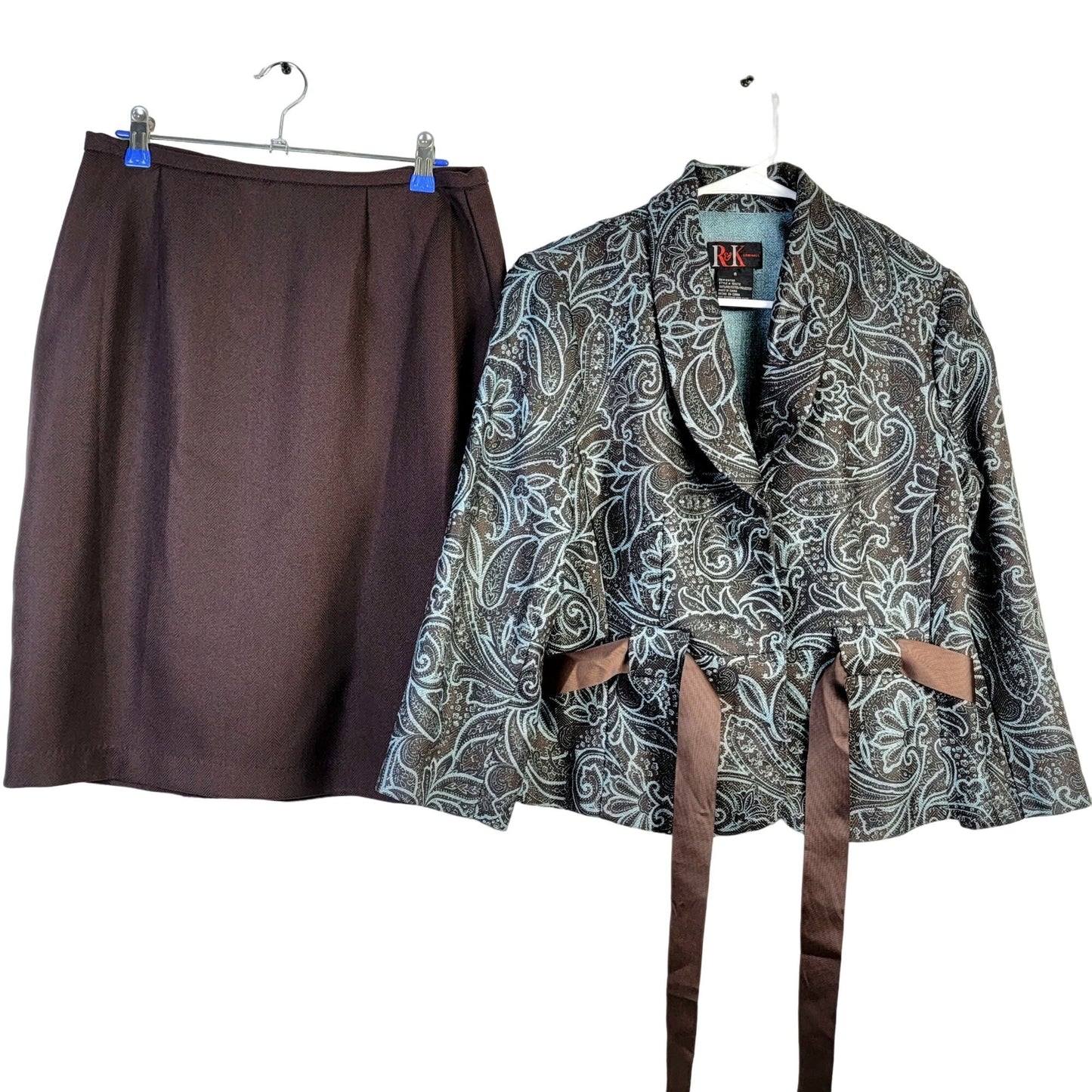 Vintage Y2K Suit Women 8 Blazer Jacket Pencil Skirt Paisley Brown Blue